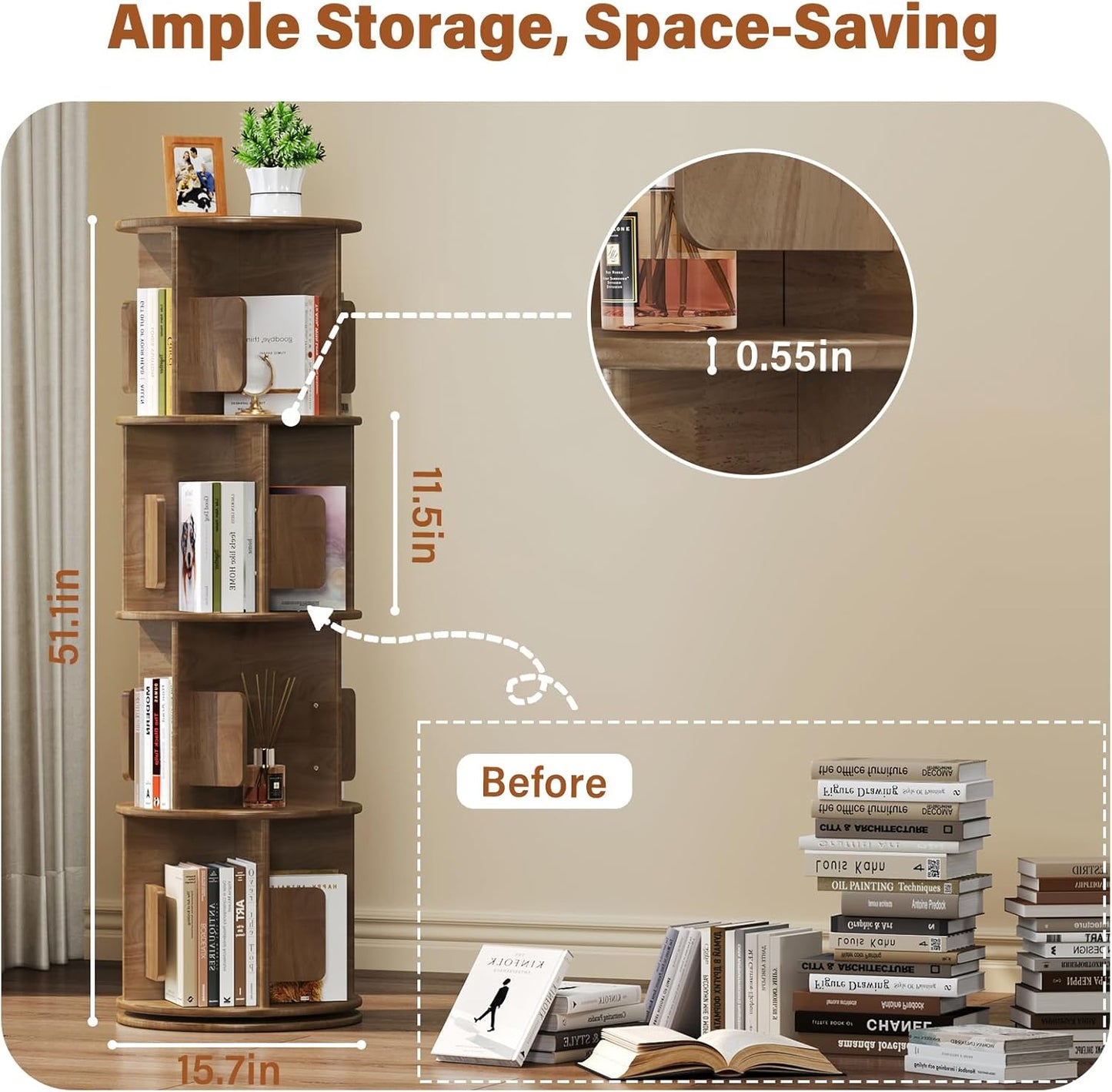 Wooden Rotating Bookshelf 4 Tier, Round Revolving Bookcase, 360° Spinning Book Shelf Tower Kids, Narrow Bookshelves Lazy Susan Organizer for Small Space, Corner, Bedroom, Living Room, Office, Walnut