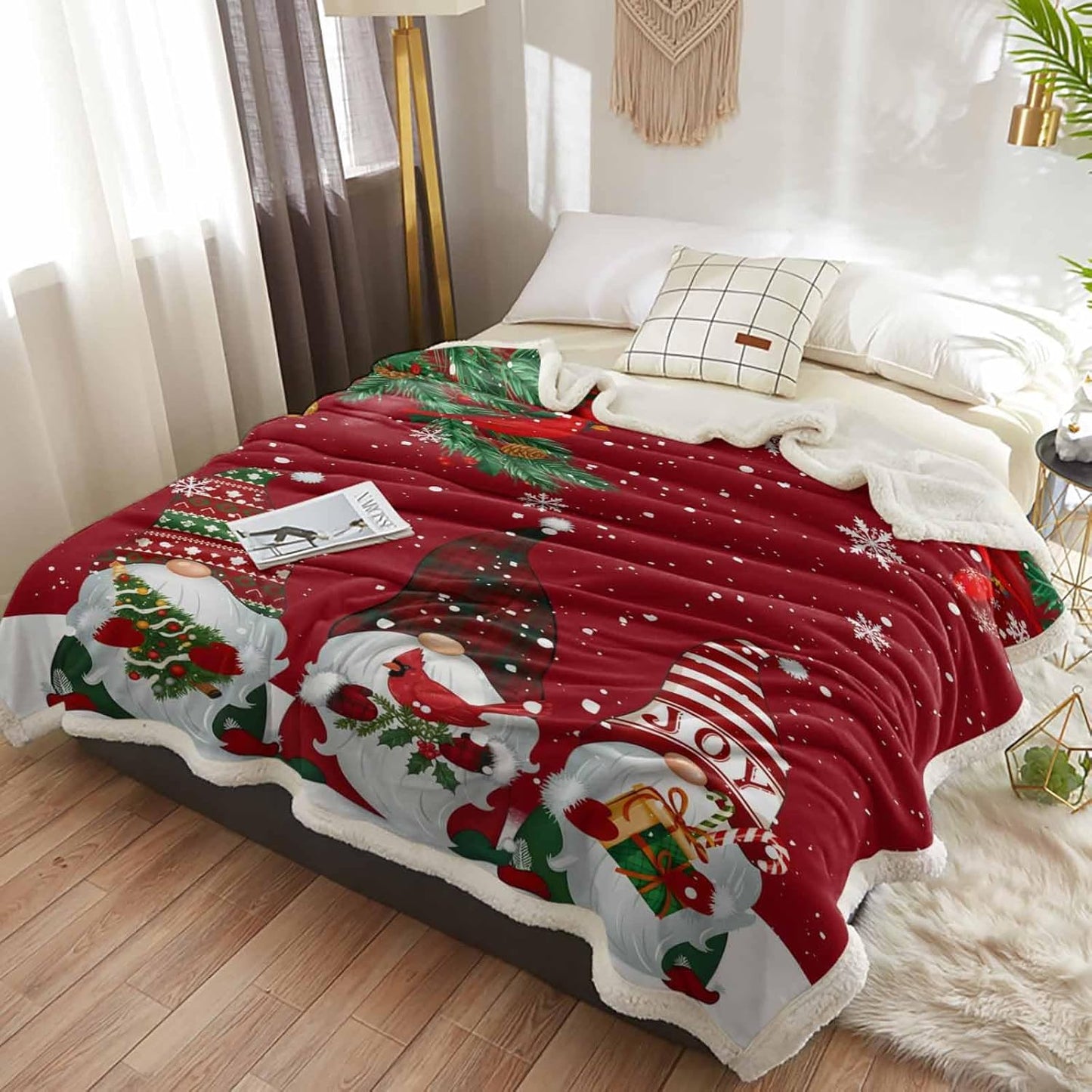 Chic D Sherpa Bed Throw Blanket Fleece Red Christmas Gnome Cardinals Snowflake, Ultra Soft Couch Throws Blanket, Merry Xmas Fuzzy Cozy Plush Warm Microfiber Blankets (Twin, 40x50inch)