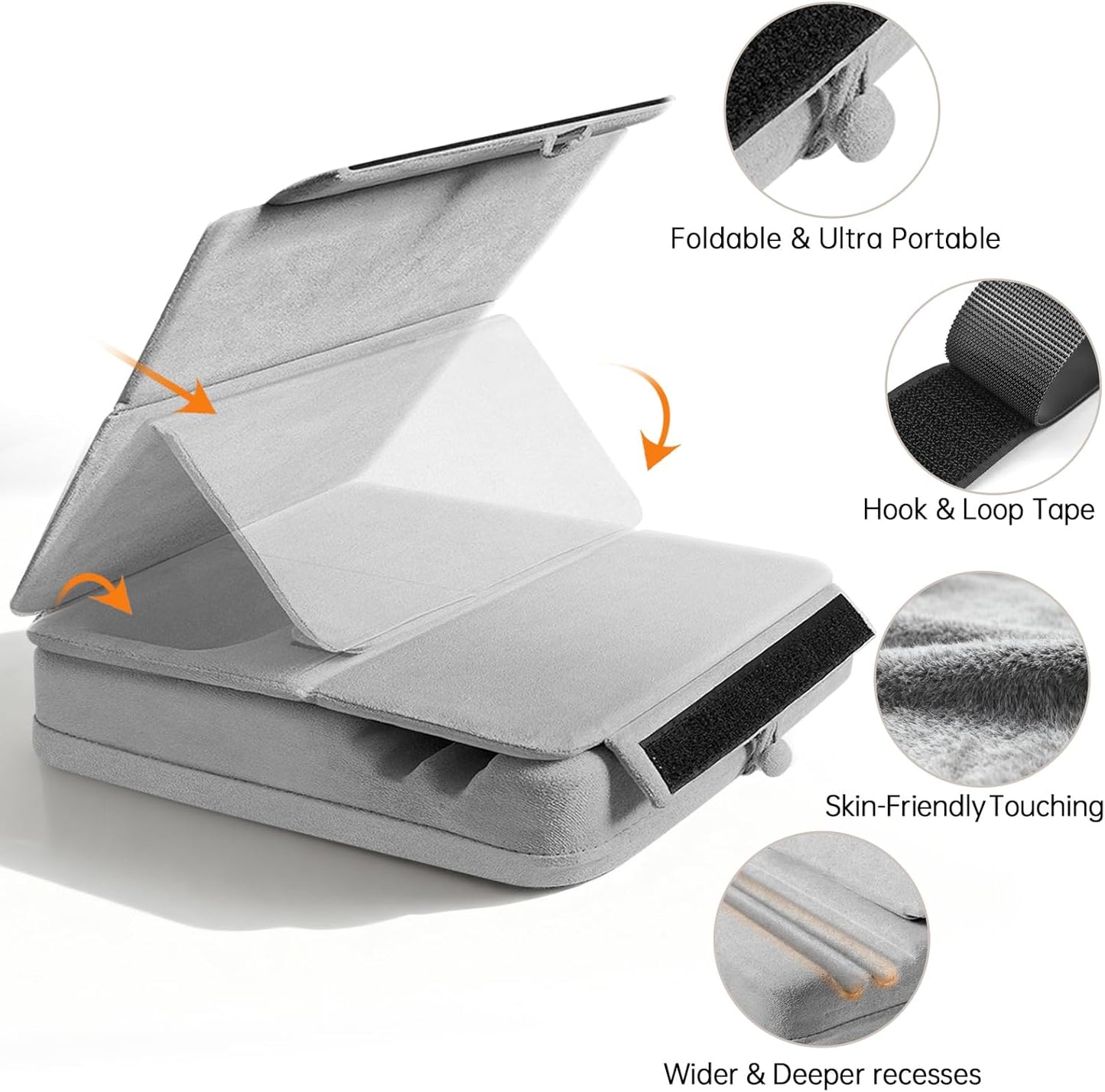 Tablet Pillow Stand with Storage, Foldable iPad Holder for Lep, Bed, Sofa, and Desk - Soft Pad Dock with Pocket and Stylus Mount Compatible with 4-13" iPad Pro/Air/Mini, Galaxy Tab, Kindle
