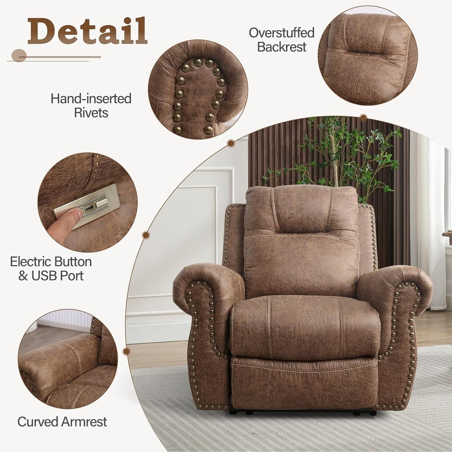 Power Recliner Chair with USB Ports, Breathable Lounge PU Leather Upholstery, Comfortable Arms Back Headrest, Single Sofa Chair for Living Room Bedroom