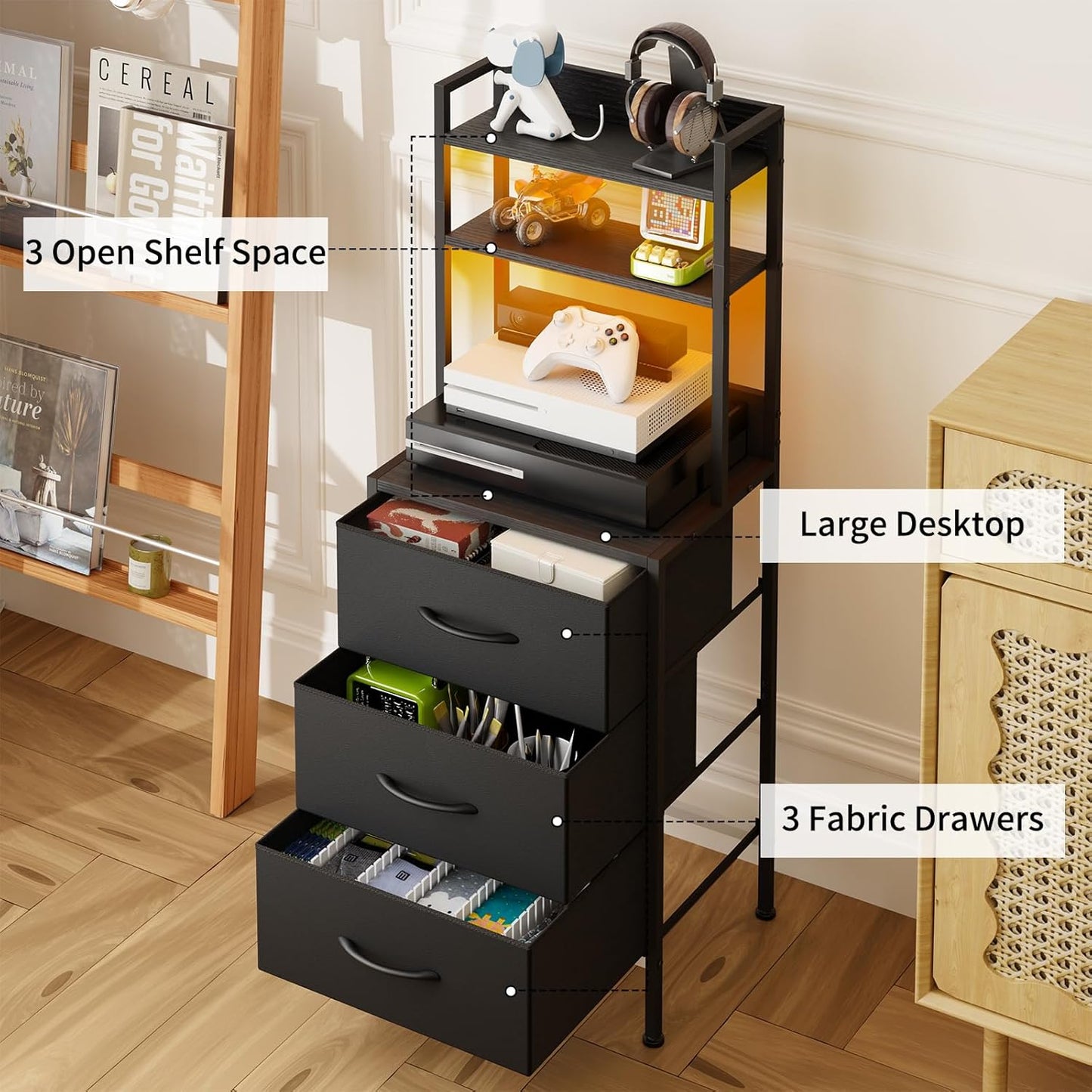 Fixwal 41 Inch Tall Nightstand with Charging Station, Led Night Stand with U-S-B Port & Socket, 3 PU Finished Fabric Storage Drawers, Office, Bedside Table & Bookshelf in One, Black