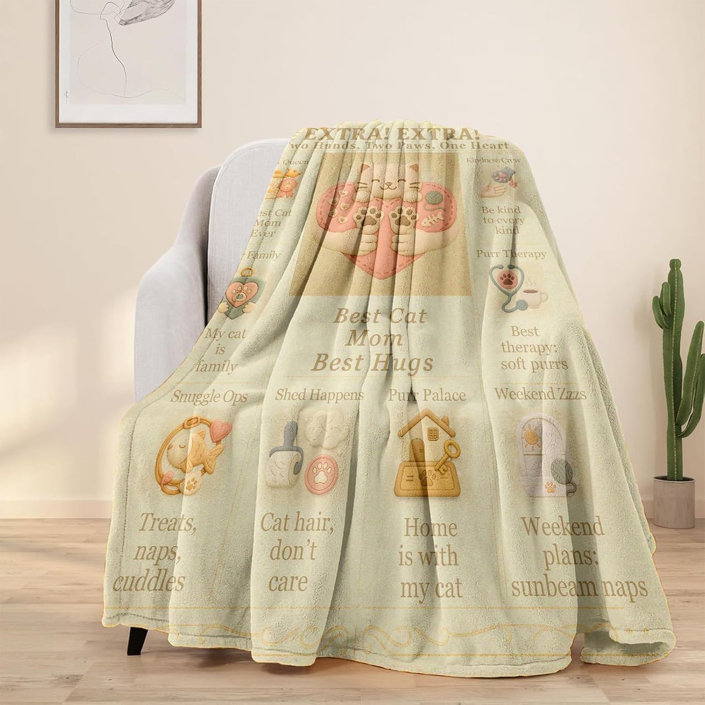 Cat Mom Blanket for Women, Kawaii Flannel Throw 60x50, Vintage Newspaper-Style Gazette, Cozy Kitty Sofa/Bed Decor, Gift for Cat Lovers, Birthday Christmas Mother’s Day