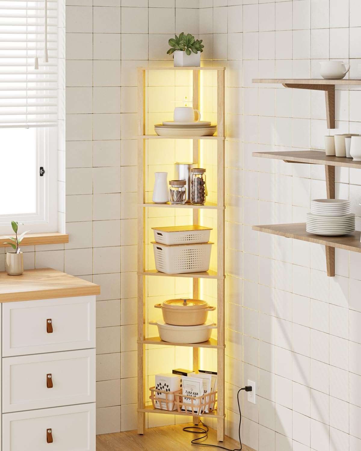 Corner Shelf with LED Light, 6-Tier Corner Bookshelf, Narrow Display Shelf with Storage Rack,Wood Corner Book Shelf for Living Room, Bedroom, Office, Oak