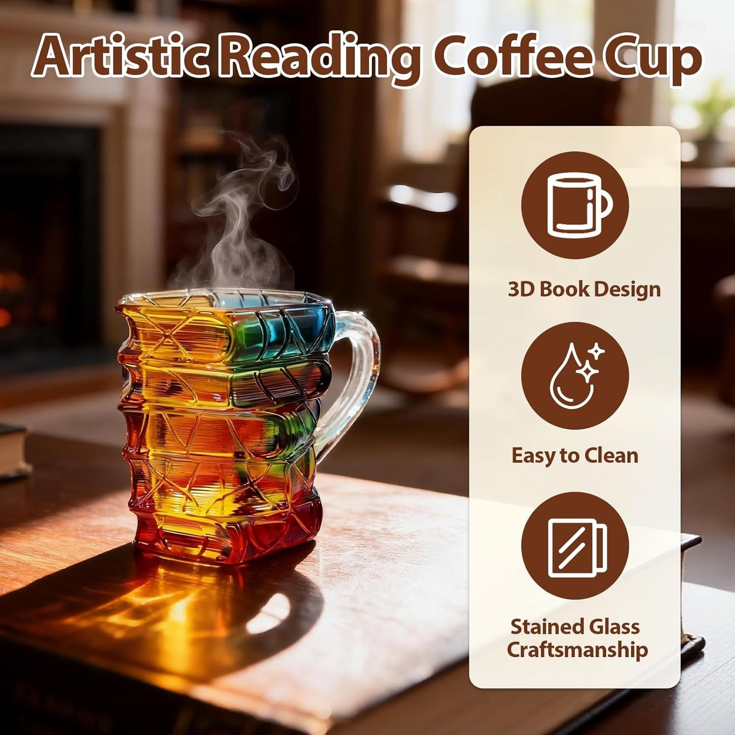 Book Coffee Mug, 3D Stained Glass Book Mug - Stacked Book Design, 7oz Handmade Novelty Mug for Book Lovers, Readers & Writers, Unique Artistic Reading Gift for Women & Friends
