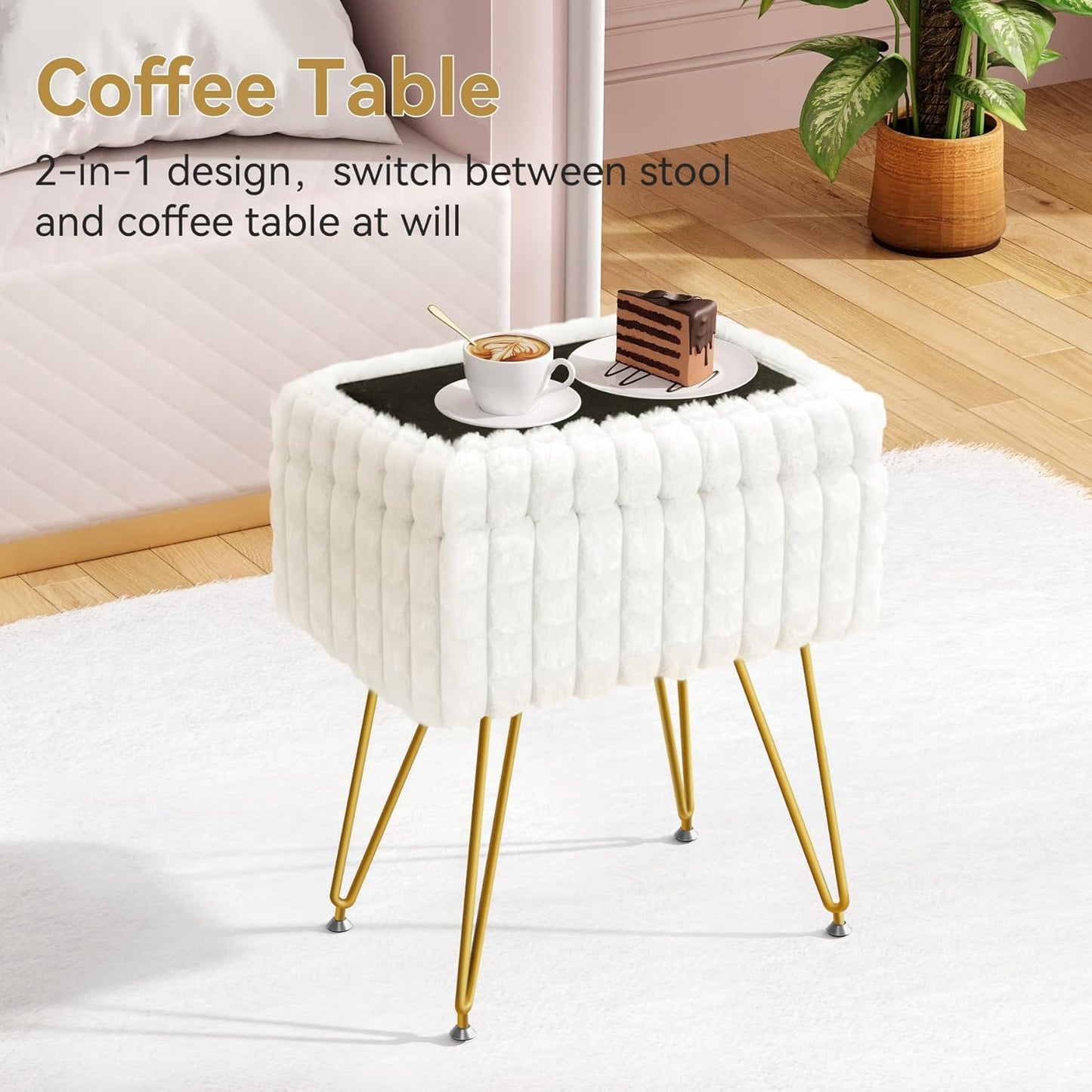 Rectangle Vanity Chair with Storage, Faux Fur Vanity Stool with Anti-Slip Adjustable Feet, Fur Footstool Ottoman for Makeup, Bedroom, Square Grid Pattern, White