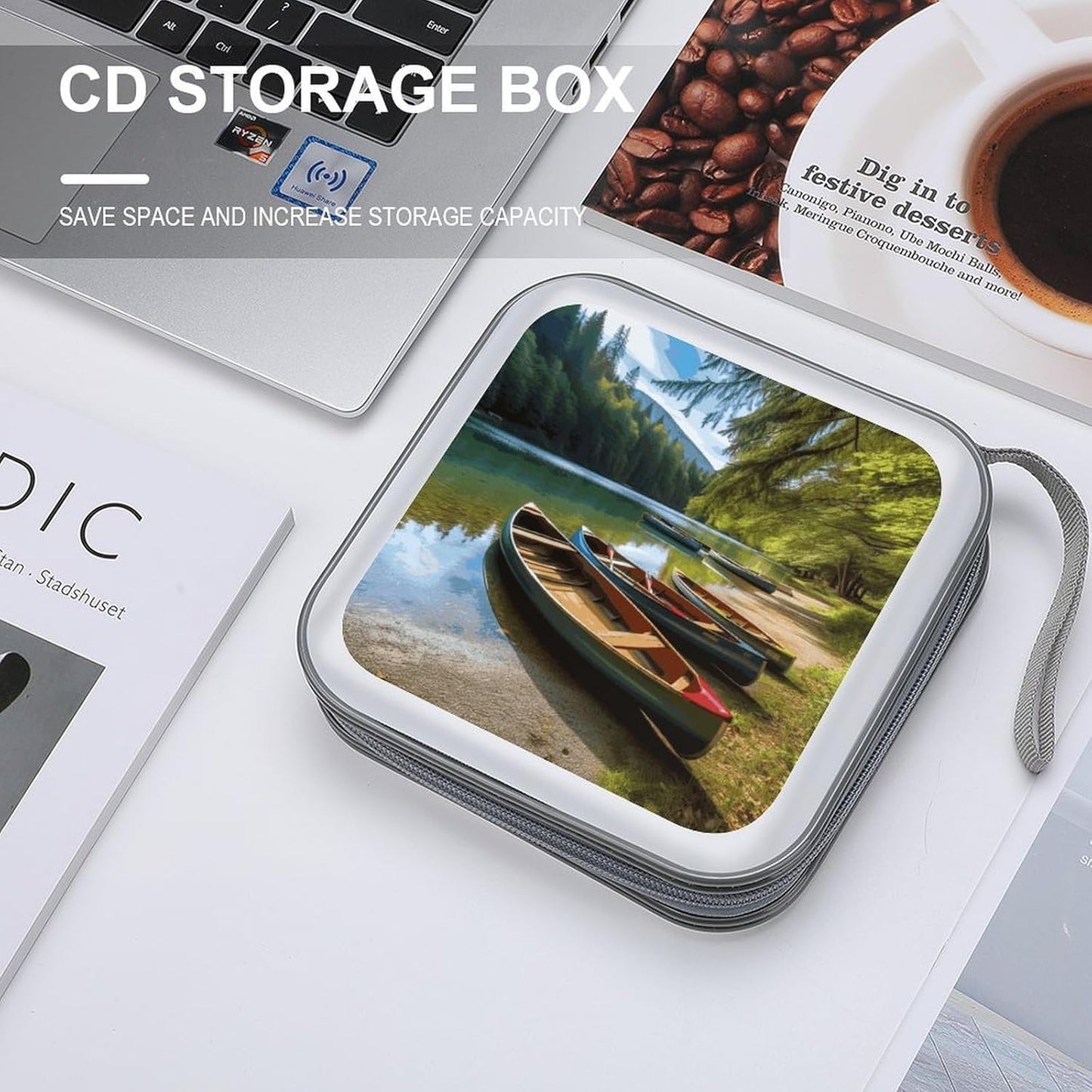 Lake with Boats Canoes Park CD Case 40 Capacity Case Zipper CD Collection Bag with Handles Cover DVD Storage Hard Plastic DVD Disc Cases Storage Binder for Car Home Office Travel