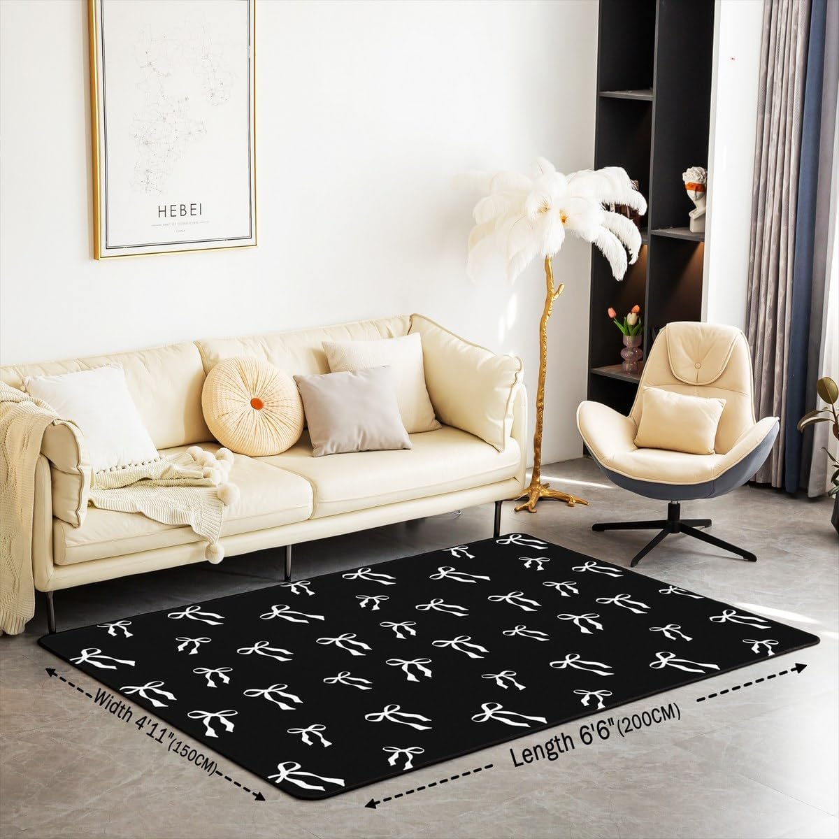 Erosebridal Bowknot Ribbon Carpet White Bows Area Rug 6'6" x 4'11" Black Princess Indoor Floor Mat Modern Simple Bow-Tie Decorative Rug for Kids Boys Girls