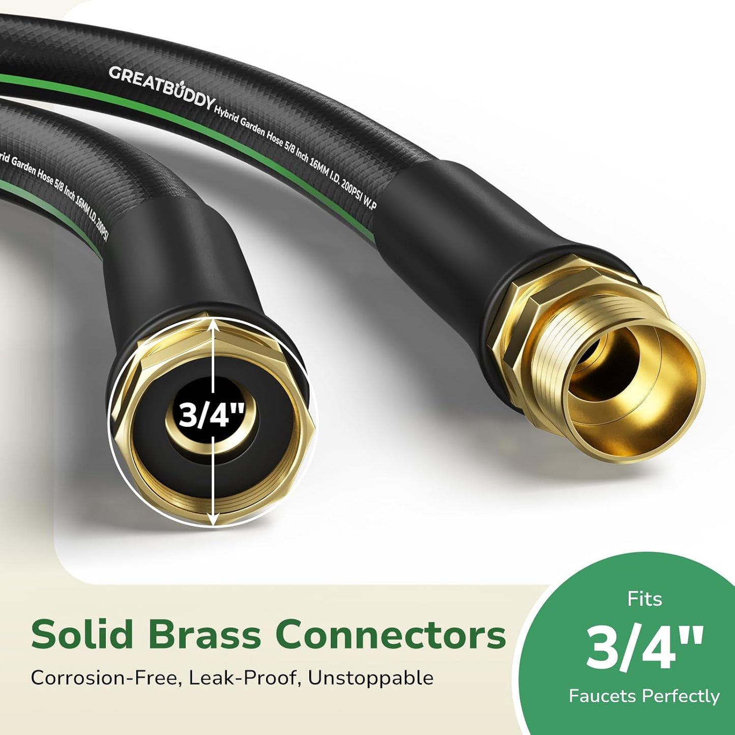 GreatBuddy 100 ft Garden Hose, 5/8" Water Hose 100ft Heavy Duty, Flexible, Lightweight Hybrid Hose, Burst 600 PSI with Solid Brass Male to Female Fittings Leakproof Hose for Backyard, Garden