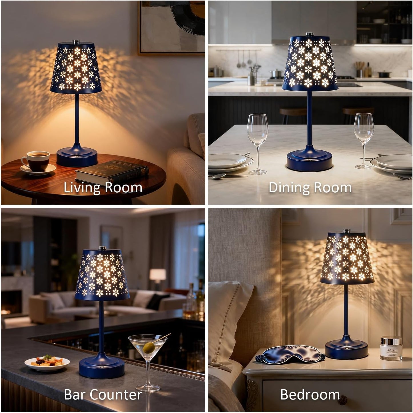 Rechargeable Cordless Table Lamp, Touch Control Battery Powered Bedside Lamp with Floral Cutout Shade, 3 Color Stepless Dimmable Decorative Nightstand Lamp for Bedroom (Navy Blue)