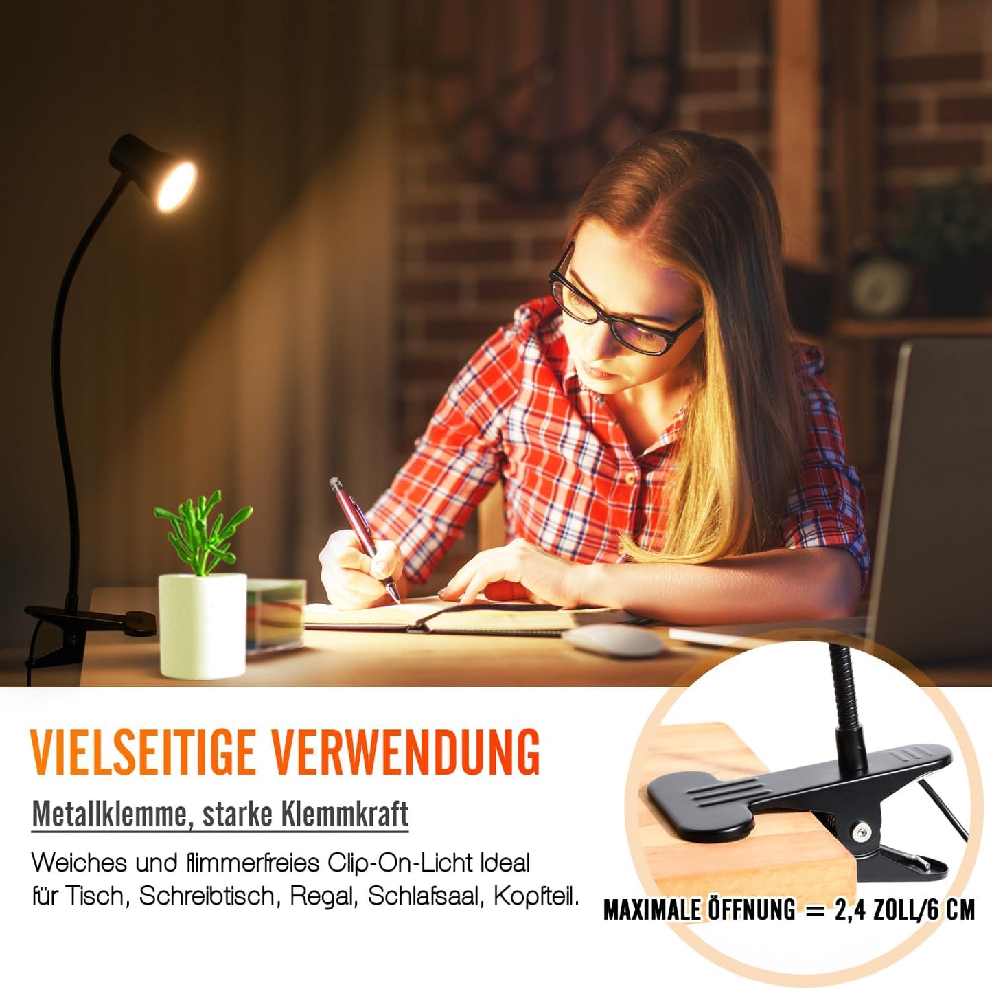 Clip Desk Lamp, USB Reading Light, Flexible Neck Led Clamp Light with 3 Color Temperature Options, 10 Dimmable Brightness Levels for Working, Studying (8W)