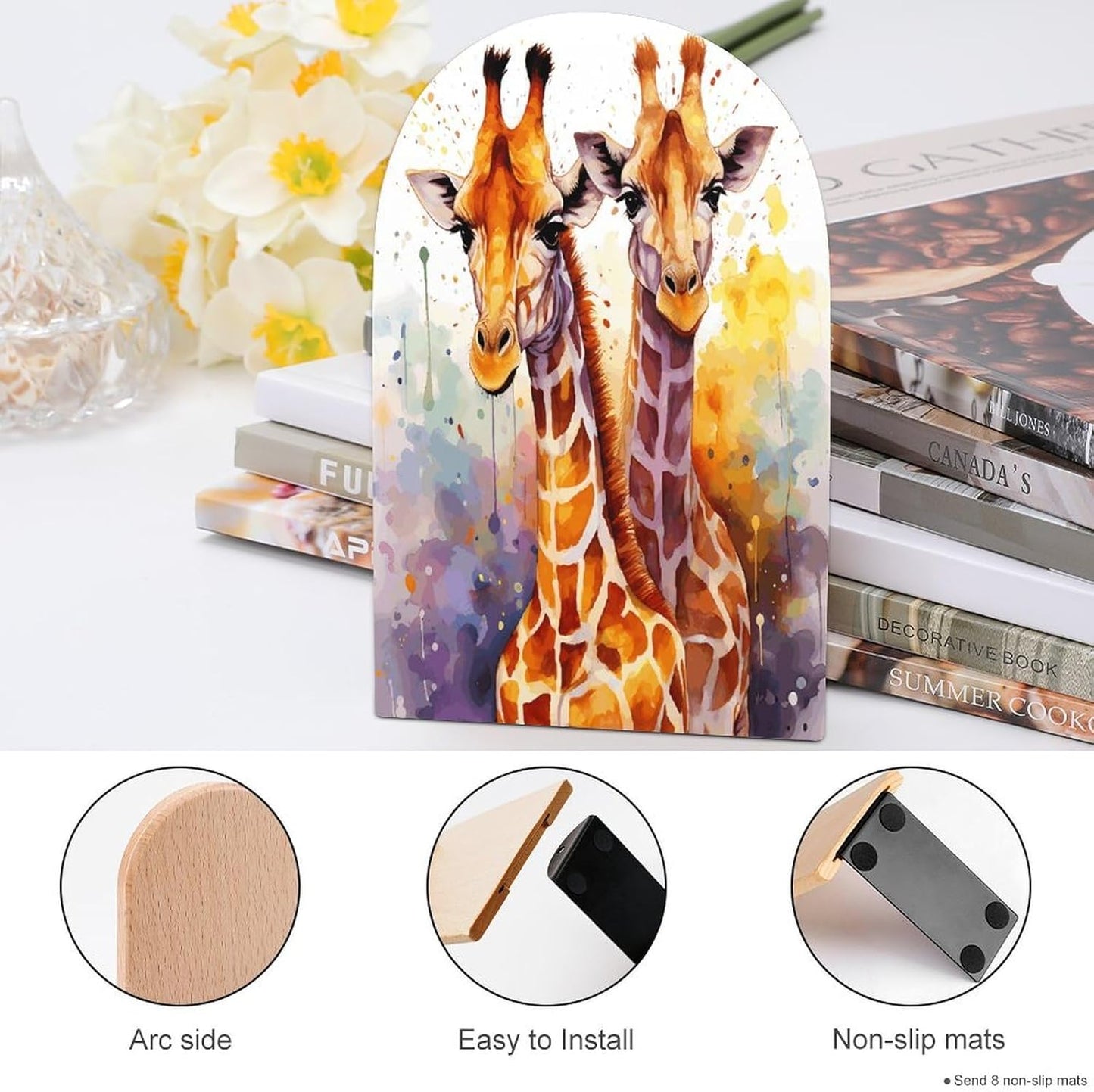 Watercolor Giraffes Bookend for Shelves Wooden Book End Large Size Sturdy Book Holders Stoppers with Metal Base for Bookshelves Slick Decorative Bookends Stands