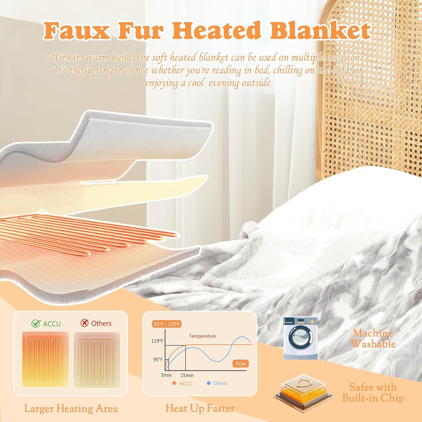 Heated Throw Blanket Faux Fur & Sherpa, Safe Electric Blanket ETL & FCC Certified, Soft Warm 6 Heating Levels & 4 Hours Auto-Off, Machine Washable, 50"x60" Light Grey & White Pattern
