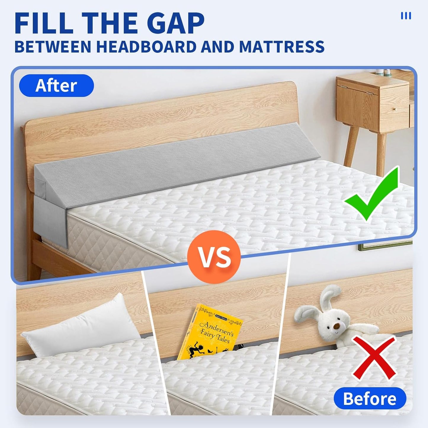 Full Size Pillow Wedge for Headboard Bed Wedge Pillow Gap Filller (0-8") High Density Foam Wedge Stoppers Triangle Foam Pillow Wedge Between Headboard Mattress
