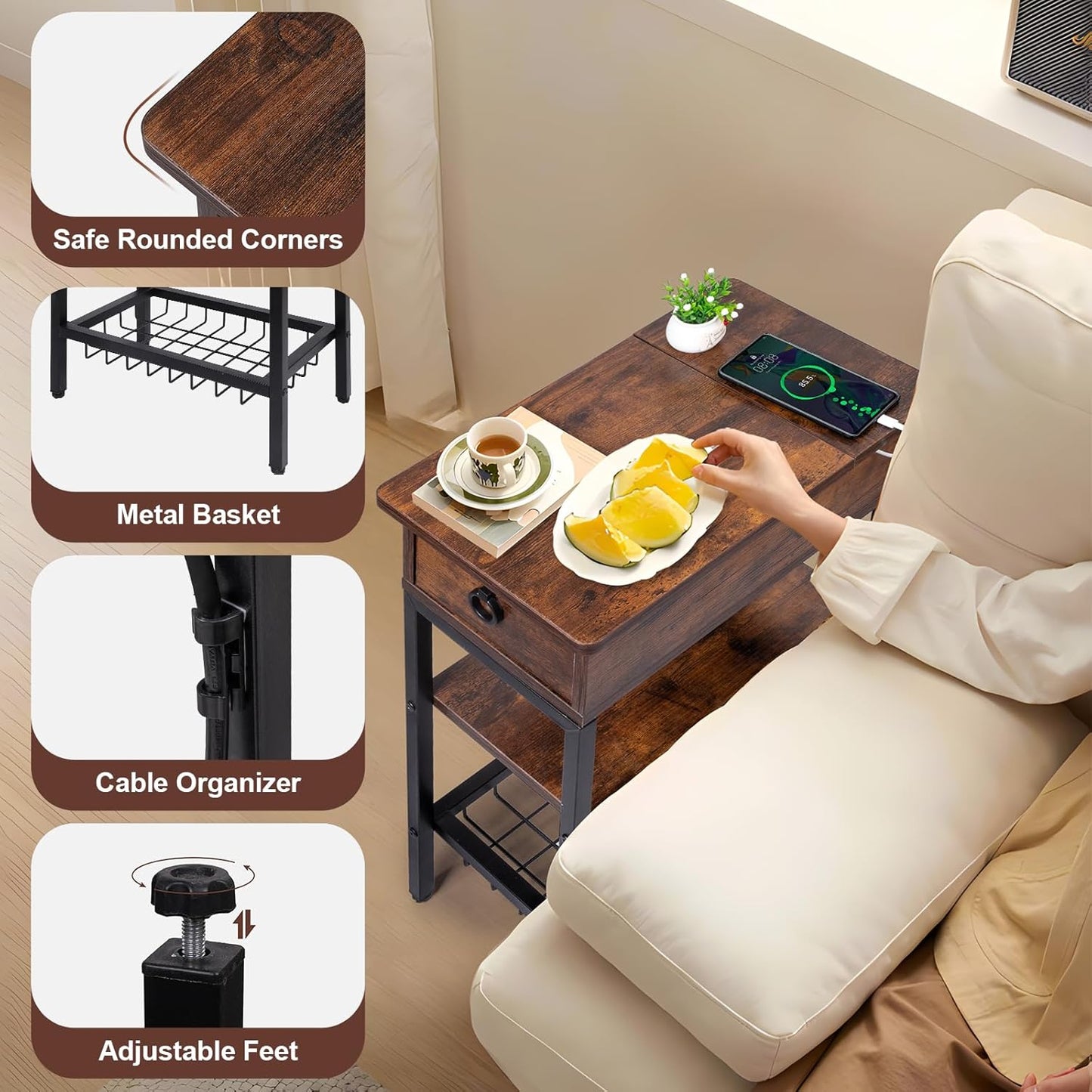 Skinny End Tables with USB Ports and Outlets for Living Room, Slim Nightstand with Charging Station for Bedroom,Chair Side Table with Storage for Small Spaces,Rustic Side Table Recliner