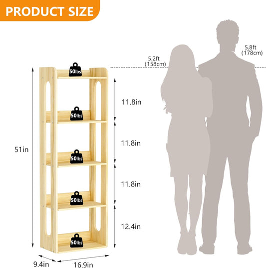 5 Tier Tall Solid Wood Bookshelf - Narrow Open Shelf Wooden Bookcase, Floor Standing Display Storage Rack Bookshelves, Large Rustic Corner Book Storage Organizer for Bedroom, Study Home Office