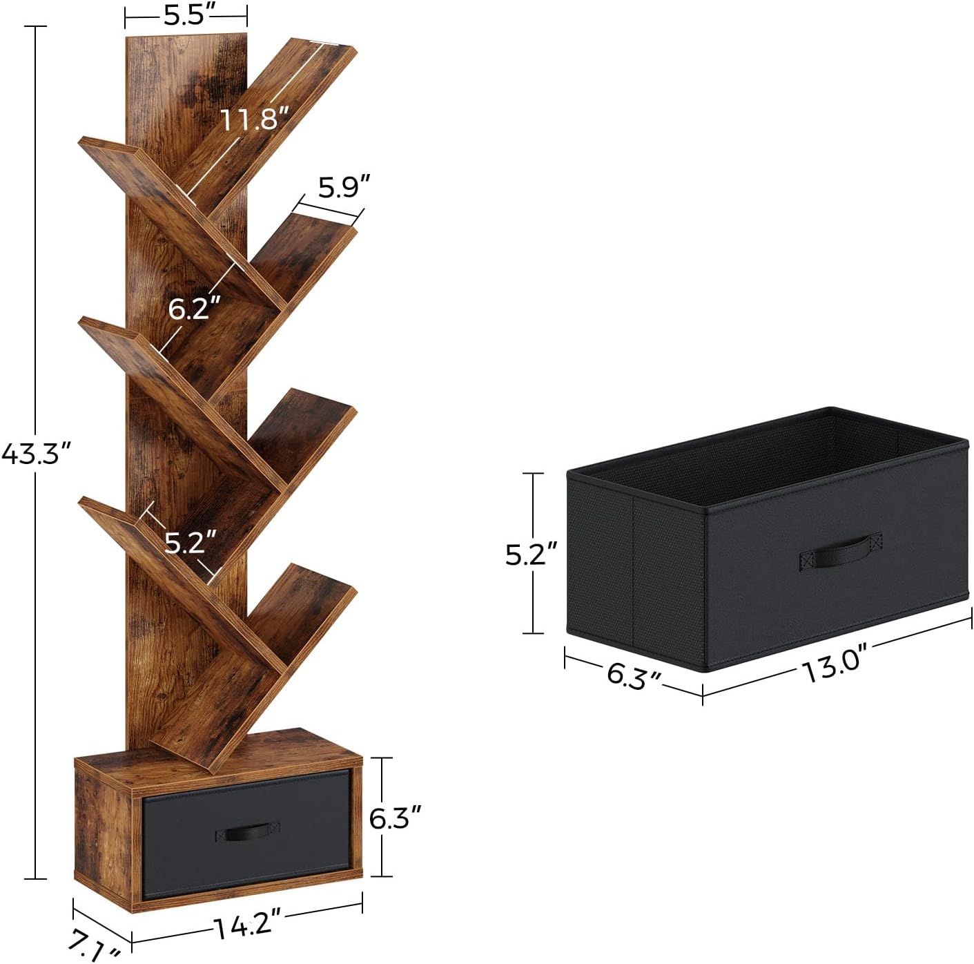 Rolanstar 7 Tier Bookshelf with Drawer, Tree Bookshelf, Small Bookshelves with Storage Rack for CDs/Movies/Books, Standing Book Shelf, Tall Narrow Bookcase for Living Room, Bedroom, Rustic Brown