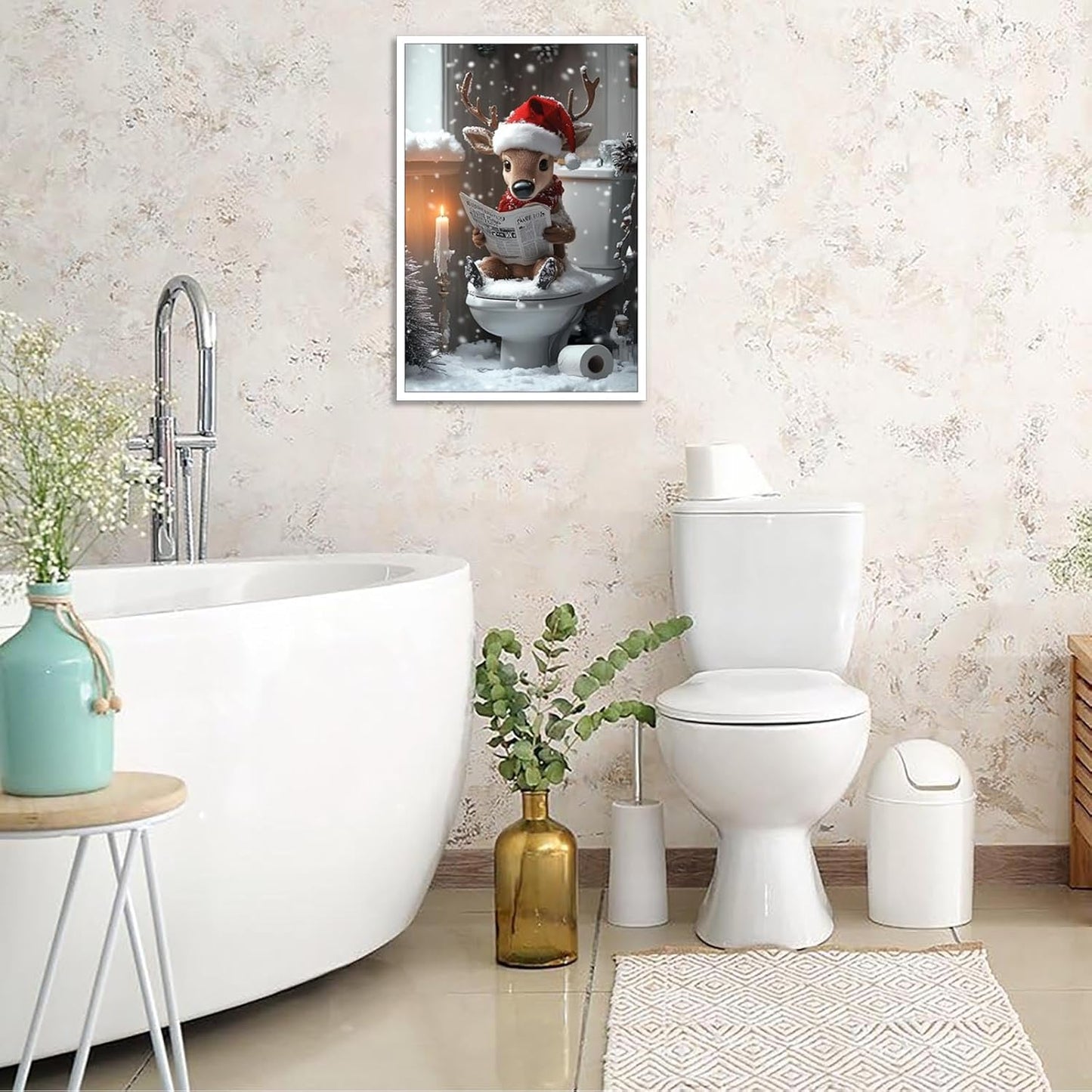 Vintage Merry Christmas Cute Animal Reading Newspaper On Toilet Posters Winter Aesthetics Canvas Wall Art Botanical Prints Painting For Home Bedroom Dorm Wall Decor 8X12in Unframed