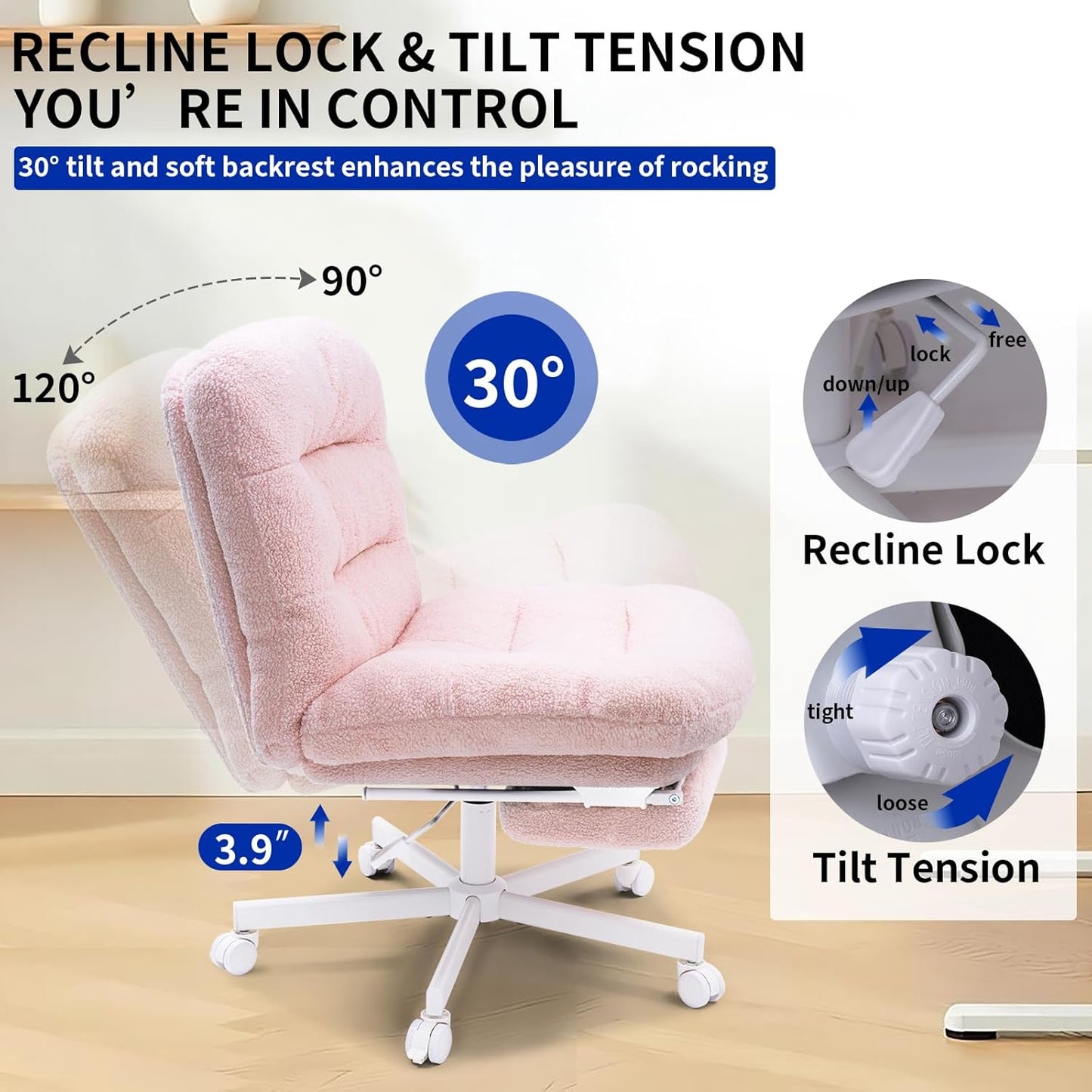 Wide Cross Legged Office Chair with Footrest, 400LB Capacity, Rocking, Height Adjustable, Locking Wheels & Armless. Ideal for Work, Gaming, Reading, Makeup - Teddy Plush Pink