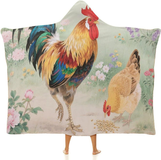 Beautiful Rooster Hen Wearable Hoodie Blanket for Women Men Fleece Blanket with Hood Oversized Warm Cozy Gifts