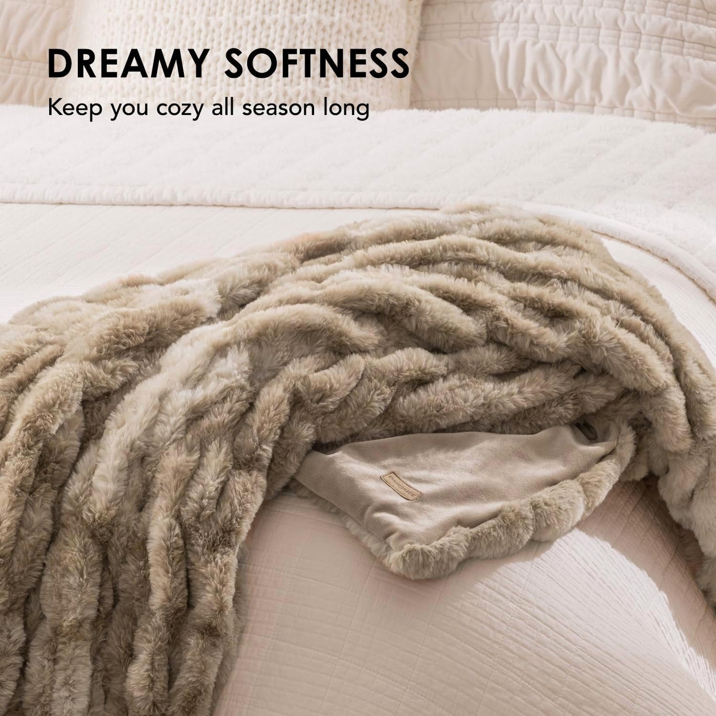 EVERGRACE Luxurious Soft Faux Rabbit Fur Throw Blanket, Cozy Fuzzy Plush Warm Throws for Couch Bed Sofa Chair Home Decor, Ruched Bubble Fluffy Blanket with Reversible Velvet, 60" x 80", Beige