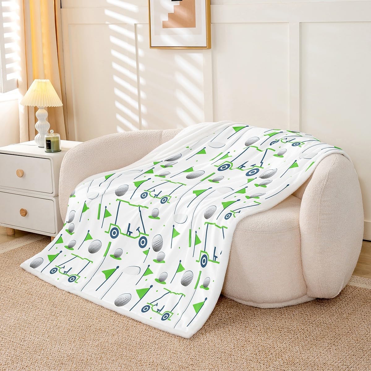 Feelyou Kids Golf Sherpa Throw Blanket Throw 50"x60" Golf Ball Golf Club Fleece Throw Blanket for Boys Girls Teens Golf Lover Sports Hobby Plush Blanket Fuzzy Blanket Green White Plush Blanket