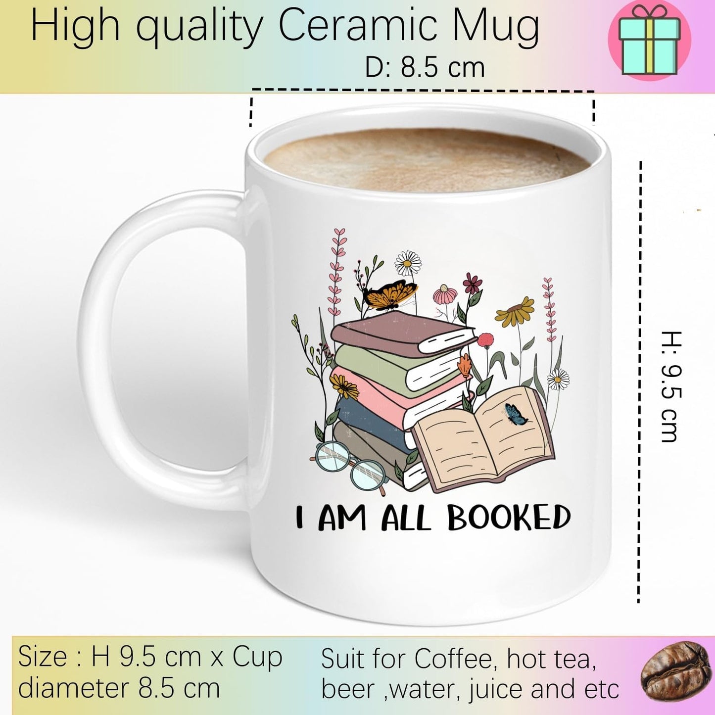 Book Lovers Gifts,Bookish Reader Gift, I Am All Booked 11 Oz Ceramic Coffee Mug Cup Water Cup, Book Club Party Gift Ideas,Water Cup for Readers Bookworms (Booked)