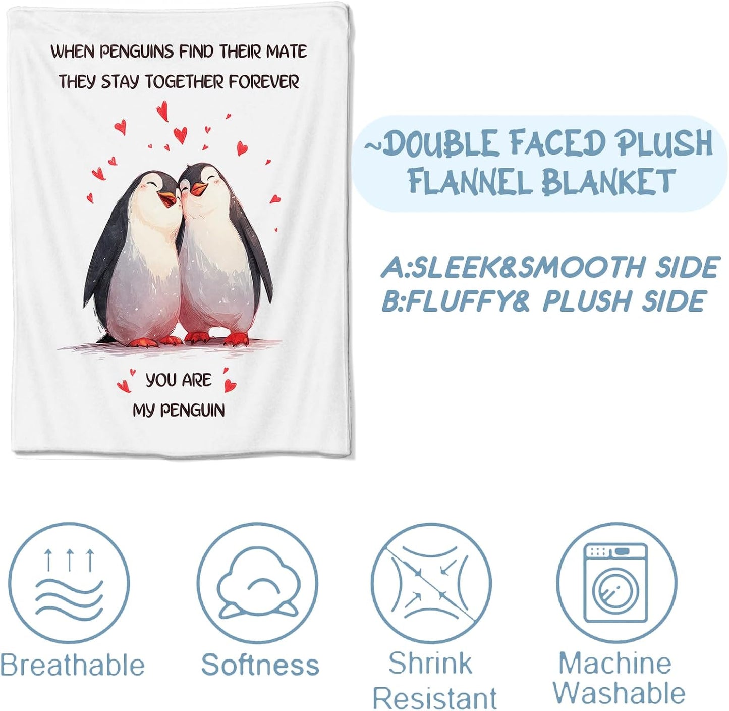 Cute Penguin Flannel Blanket, Soft Cozy Throw with Romantic Animal, Lightweight Blankets for All Seasons, Love Home Sofa Bed Decor and Gifts for Couple Women Valentine’s Day, 50x60 Inch