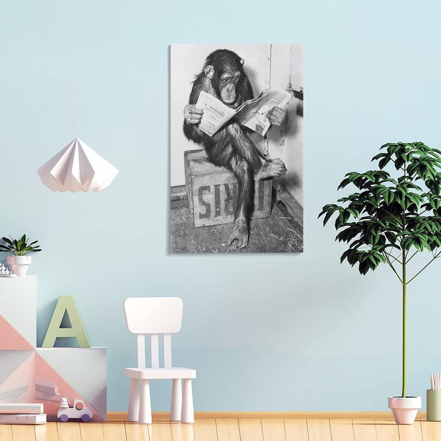 Animals Art Poster Monkey Reading Newspaper Canvas Painting Wall Art Posters and Prints Office Livin Canvas Painting Wall Art Poster for Bedroom Living Room Decor 20x30inch(50x75cm) Frame-Style-1