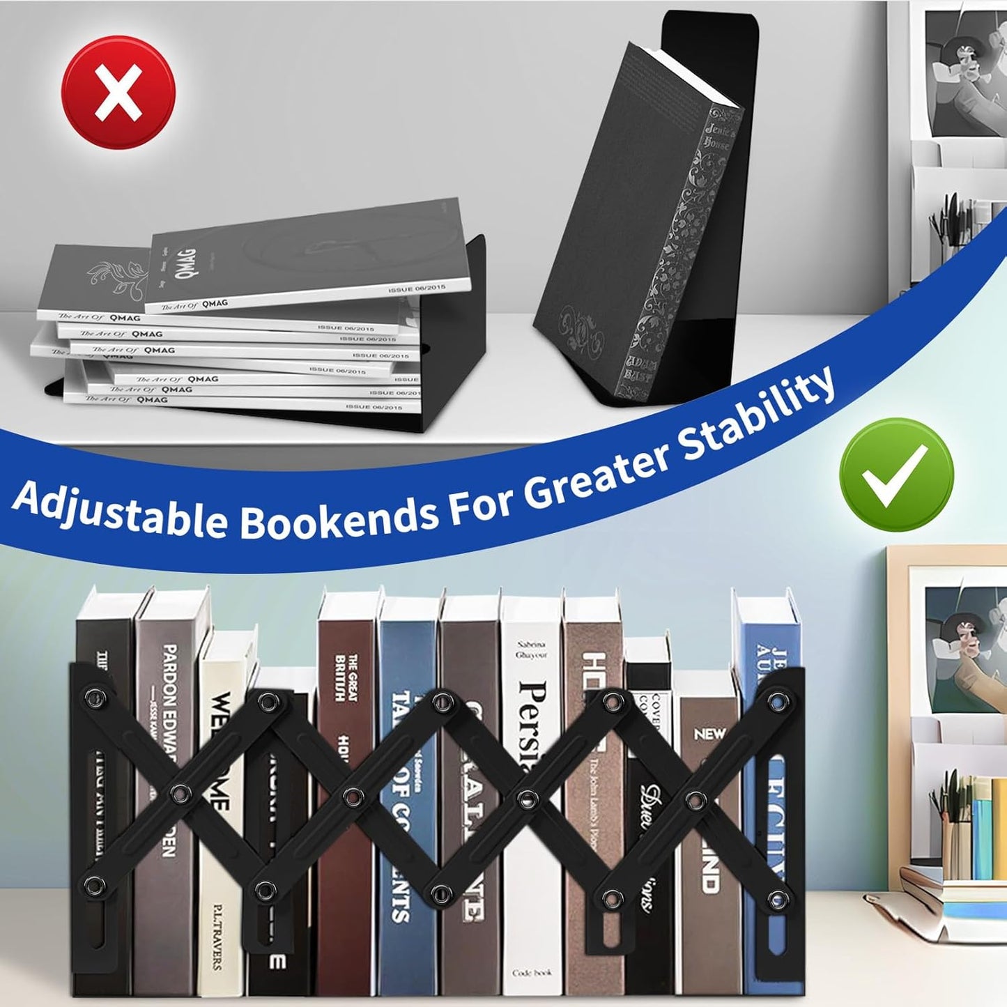 Cookbook bookends, Kitchen bookends, Adjustable Metal Book Ends for Shelves Decorative Unique Design for Heavy Books,Non-Skid Book Holder for Kitchen Housewarming Cooking Lover Gifts (Black 2)