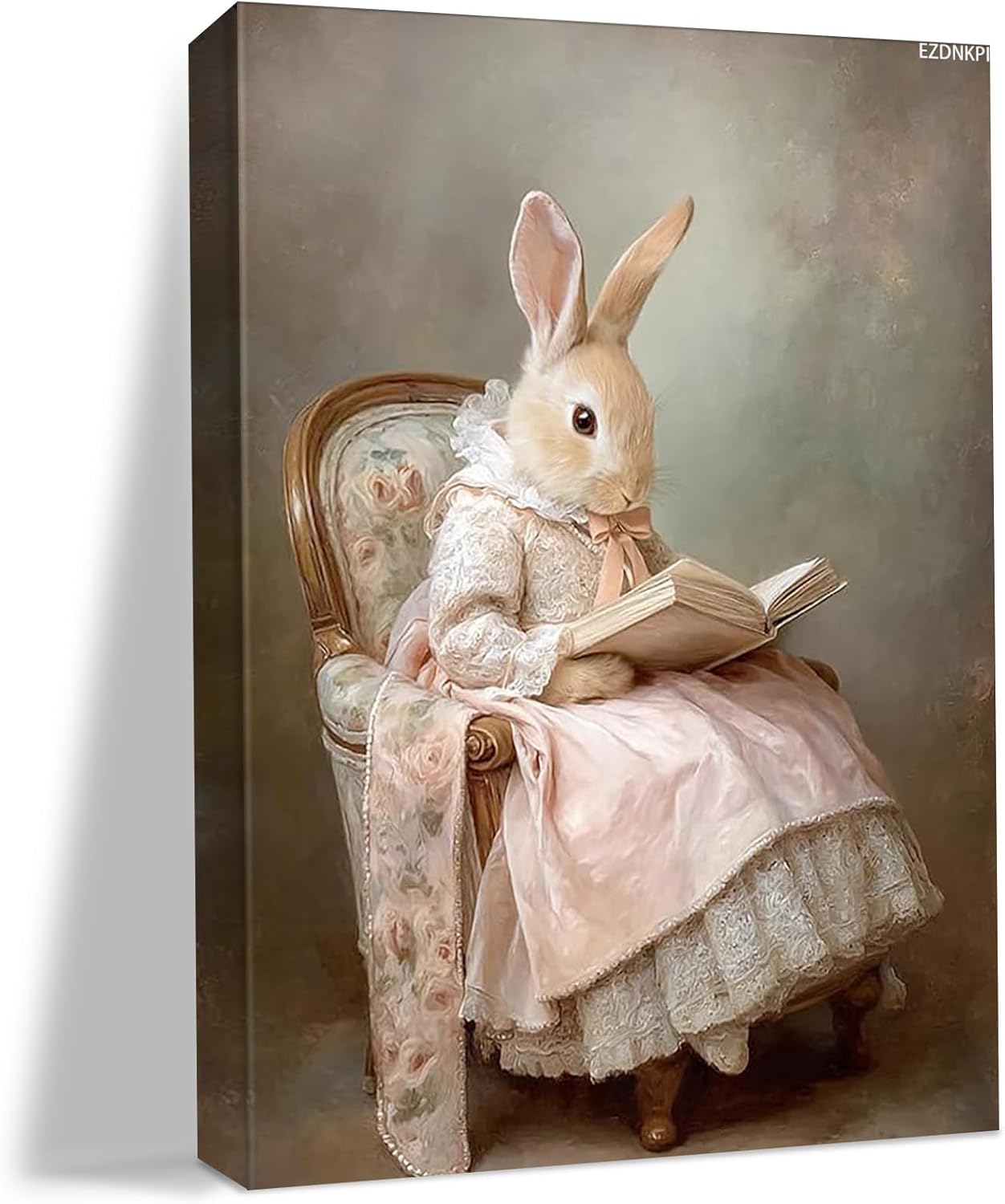 Reading Bunny Canvas Wall Art Vintage Rabbit in Dress with Book Wall Decor for Living Room Bedroom 8x12inch Framed