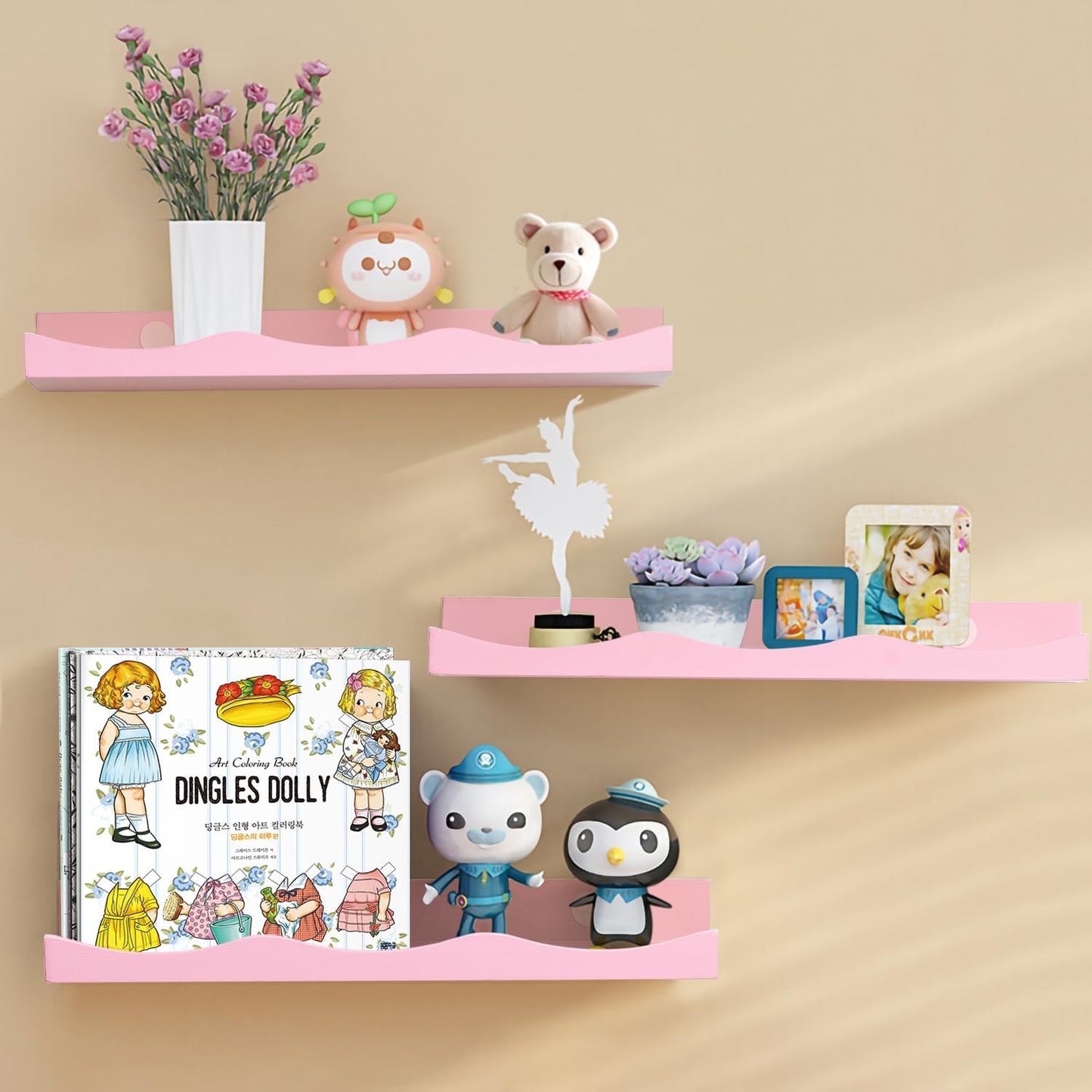 AZSKY Floating Bookshelf for Kids, Floating Shelves for Wall Cloud Picture Ledge Shelf Pink 16 Inches Nursery Book Shelves Set 3, Baby Book Shelf for Kids Room, Toddler Room, Baby Room, Nursery Decor