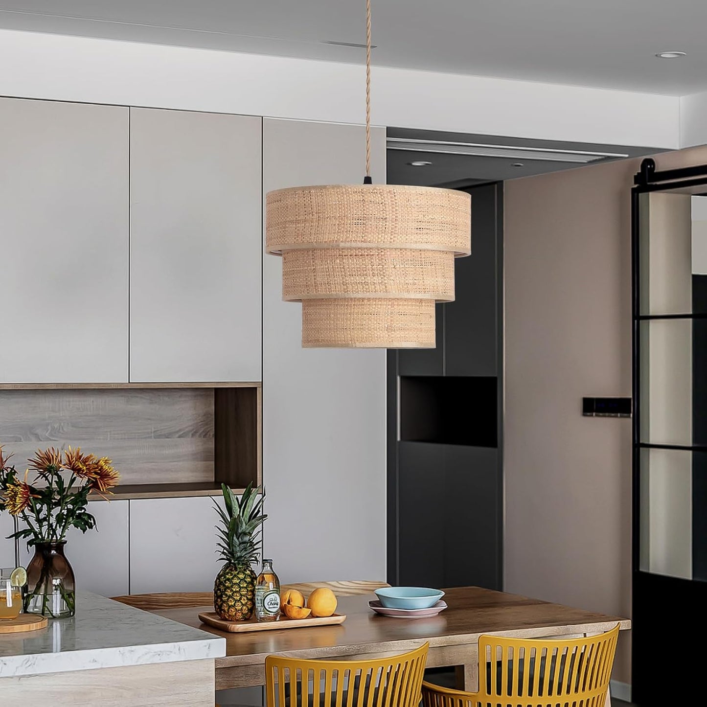 Rattan Plug in Pendant Light, 3 Tier Plug in Chandelier with Boho Wicker Lampshape Hanging Lamp, Hanging Lights with Plug in Cord for Living Room Bedroom Dinning Island,16.4ft Cord