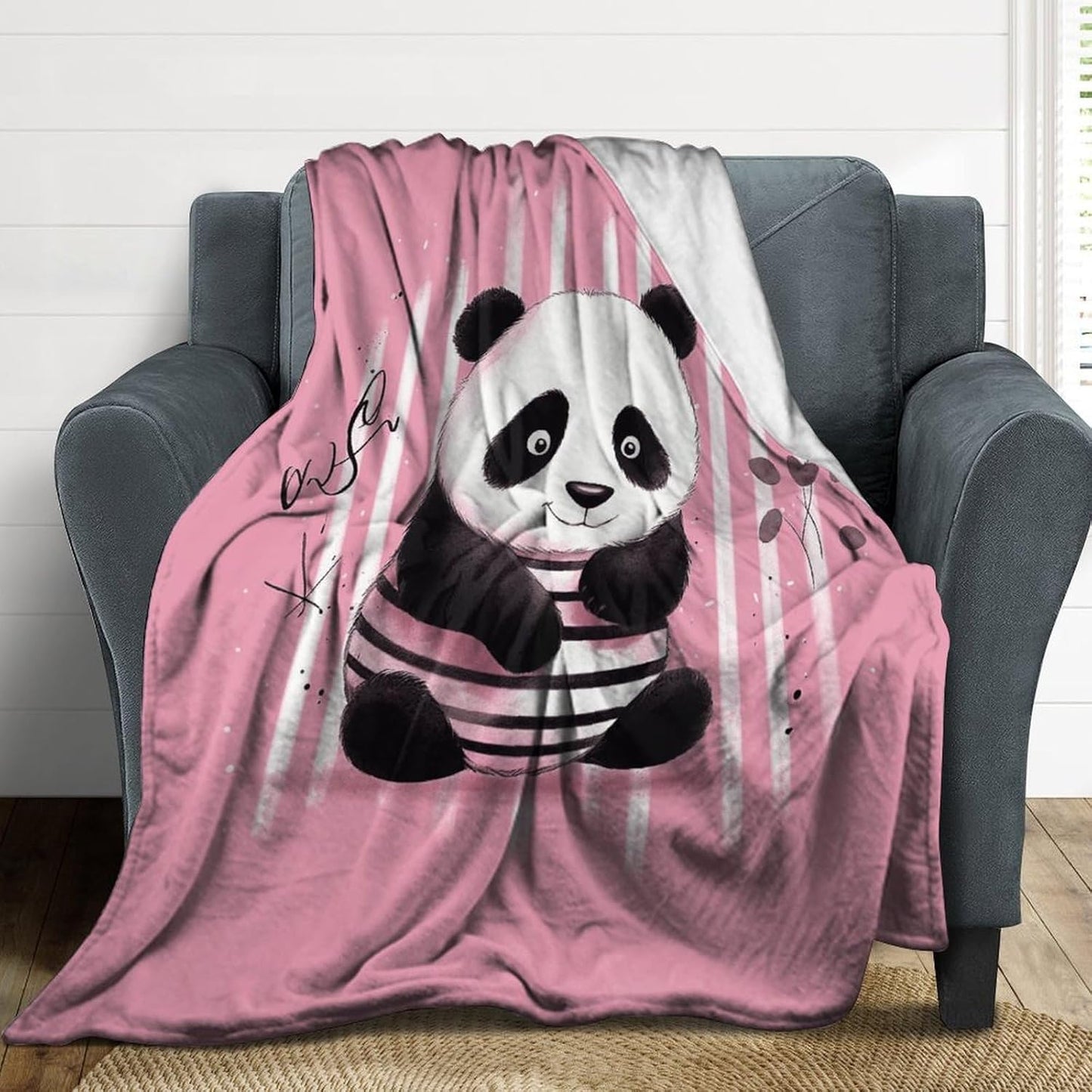 Pink Striped Panda Throw Blanket for Couch Super Soft Warm Lightweight Throw Blankets Cozy Flannel Bed Blanket Cute Decorative Blankets for All Seasons Home Decor Gift 30"*40"（76 * 100cm）