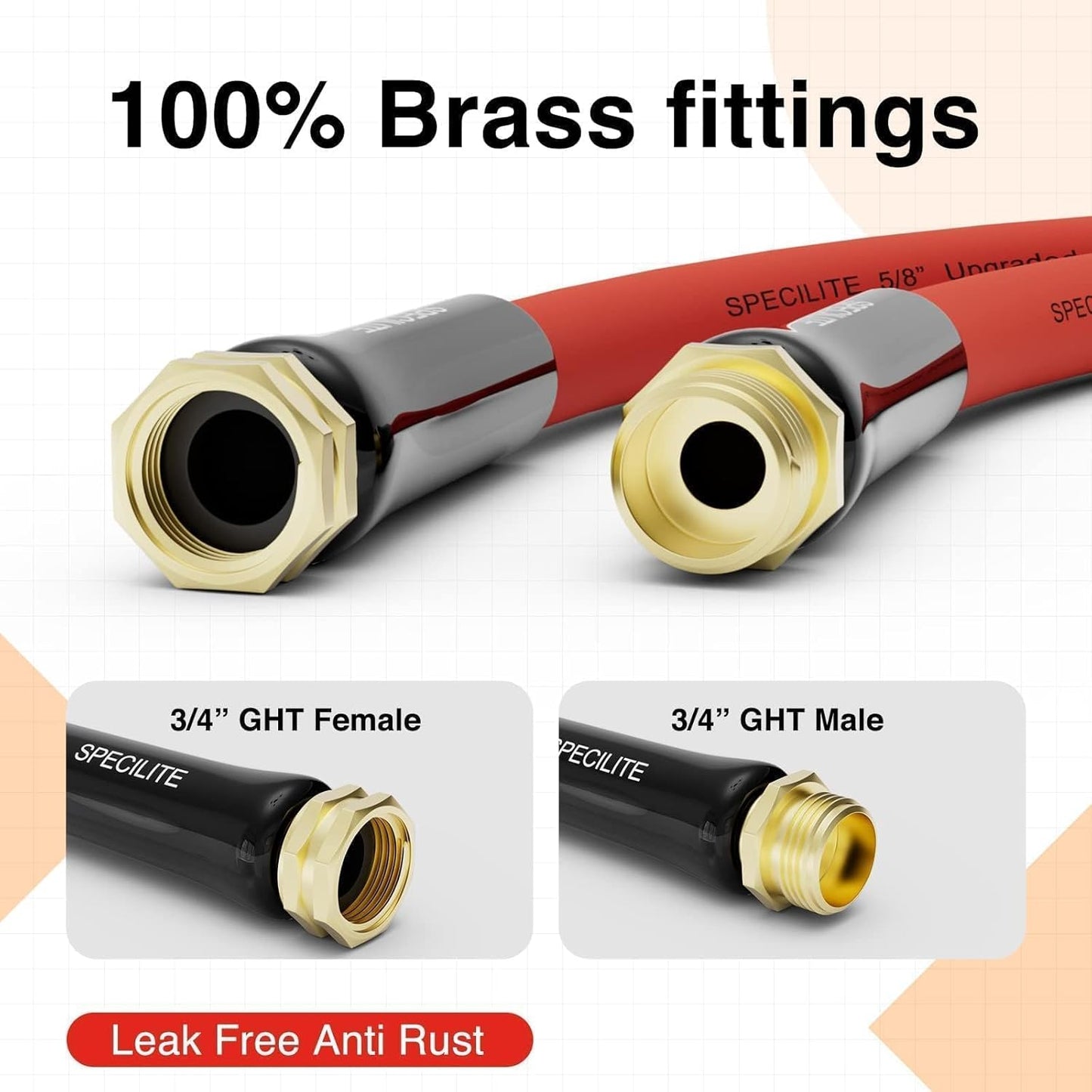 SPECILITE 5/8" Hot/Cold Rubber Garden Water Hose 50 ft, -50℉-190℉, 200psi Working, 600psi Burst, Flexible & Lightweight With 3/4" Brass Fittings for Yard, Outdoor, Farm, Agriculture, Construction, Red