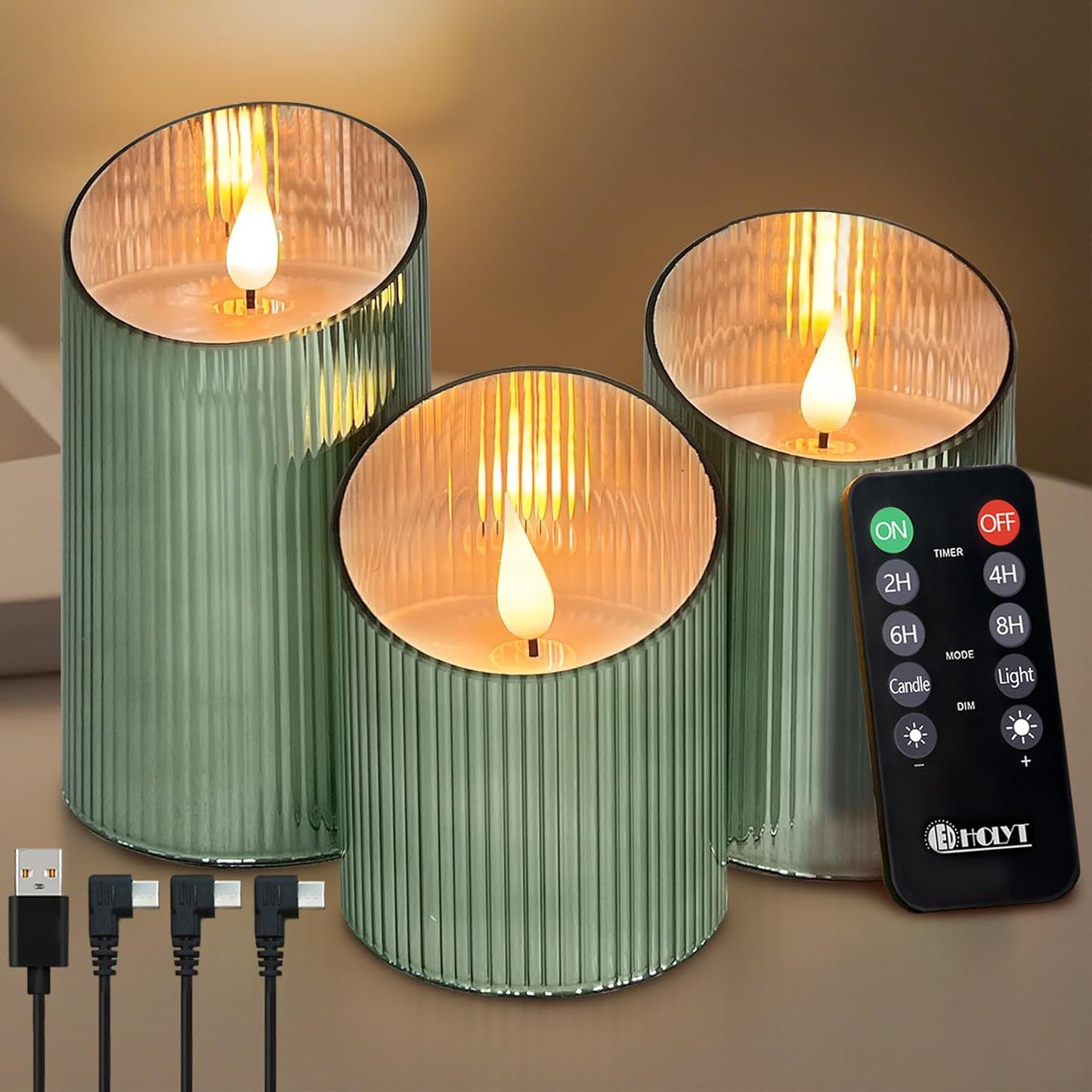 Rechargeable Flameless Candle, Flickering LED Pillar Glass Fake Candle with Remote and Timer, Built-in Battery Real Wax Electronic Candle for Room Decoration, Set of 3