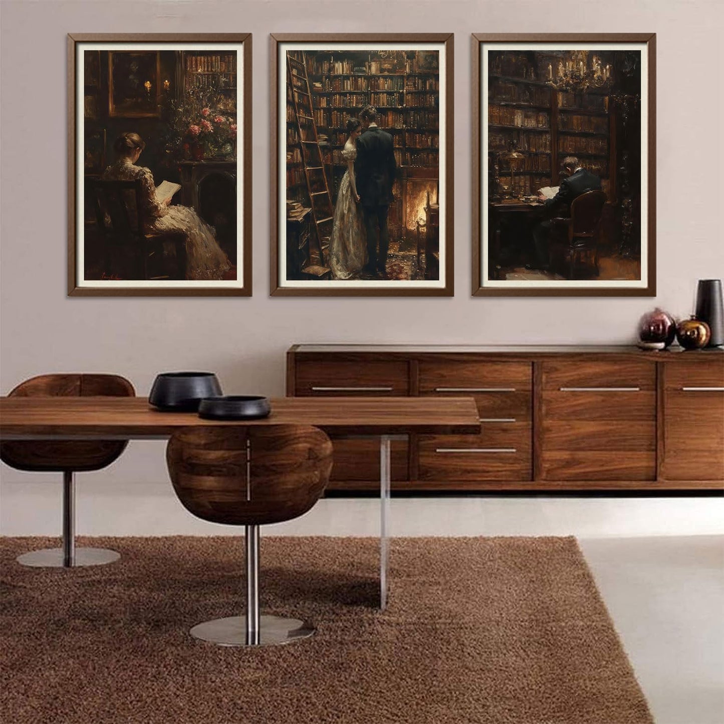 3Pcs Dark Academia Canvas Wall Art Vintage Victorian Couple Read Wall Decor Pictures Moody's Dark Library Posters Prints Gothic Lovers Paintings for Study Gallery Living Room Home Decoration Unframed