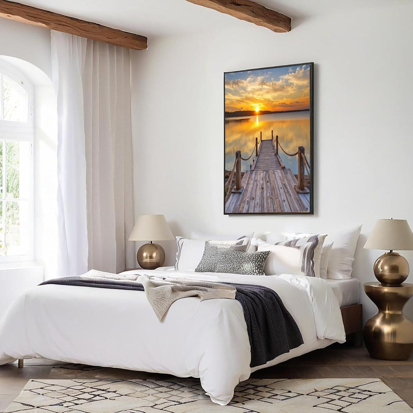 GDJSMIN Sunset Scene Wall Art, Wooden Pier Design Poster for Reading Room Living Room Decor 12x 16 inch Unframed