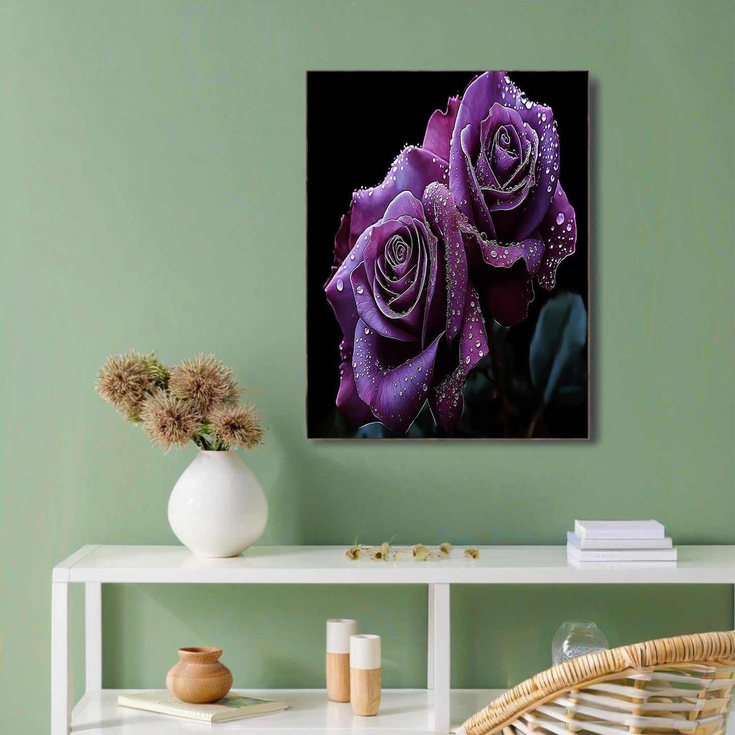 GDJSMIN Romantic Style Wall Art, Water Drop Purple Rose Poster for Reading Room Living Room Decor 24 x 36 inch Unframed