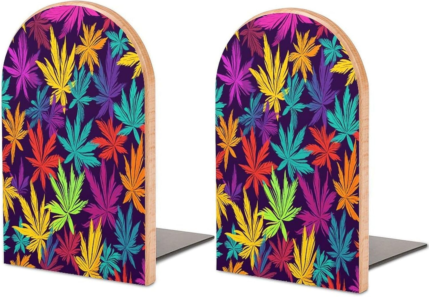 Bright Colorful Weed Pattern Bookends 1 Pair Heavy Duty Book Ends for Shelves Non-Skid Bookend Supports Wooden Book Holders with Metal Base Desk Organizers Books Storage to Hold Books