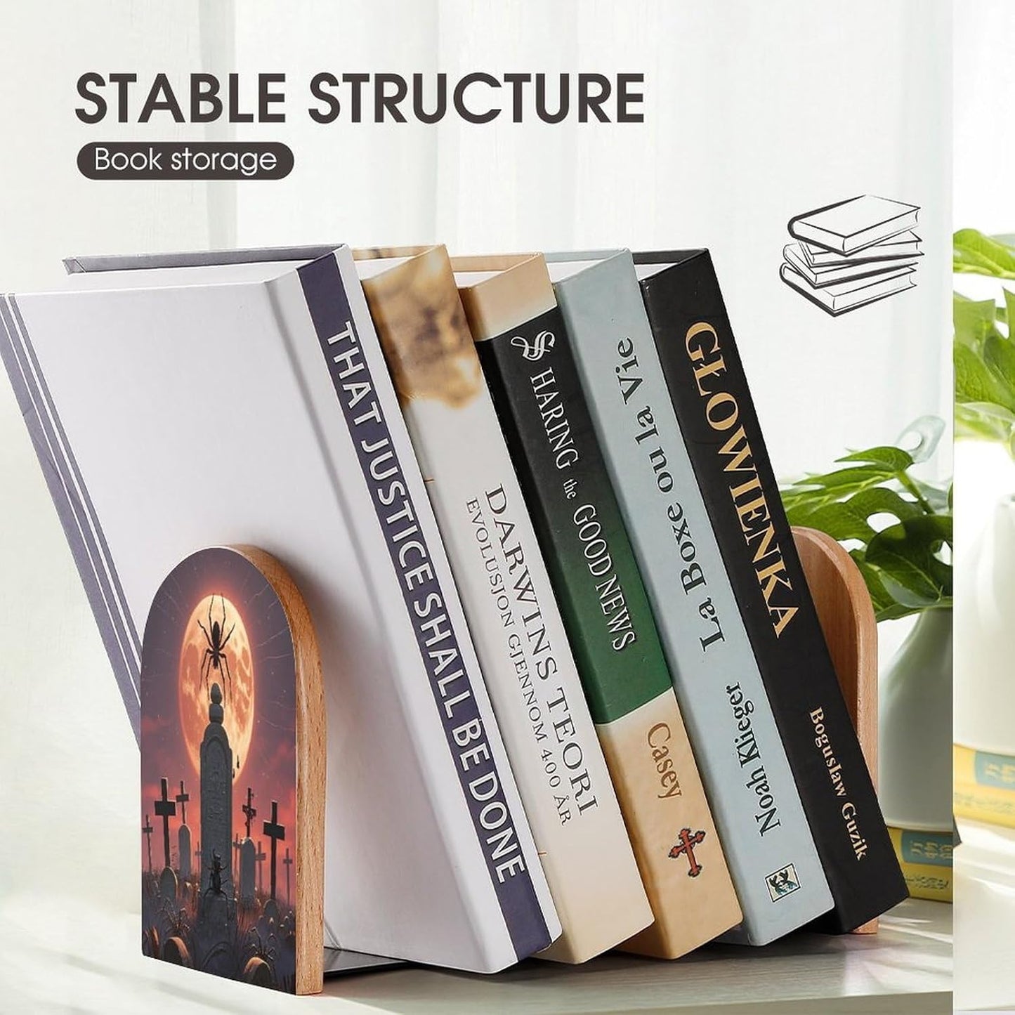 Spider Graveyard Bookends 1 Pair Heavy Duty Book Ends for Shelves Non-Skid Bookend Supports Wooden Book Holders with Metal Base Desk Organizers Books Storage to Hold Books