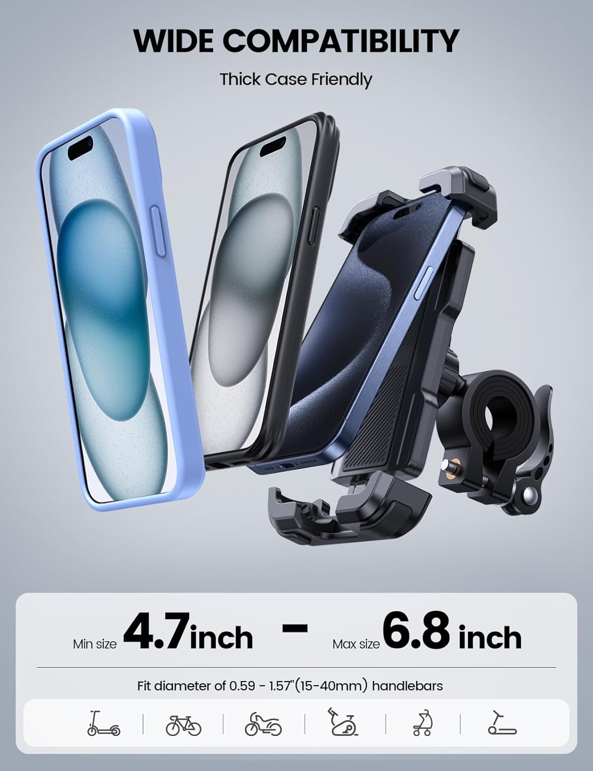 Lamicall Bike Phone Mount Holder - Motorcycle Phone Mount, Adjustable Cell Phone Holder Gifts, E-Bike Bicycle Scooter Handlebar Cradle Clip for iPhone Air 17 Pro Max, 16 15 Plus, 14, 4.7-6.8" Phone