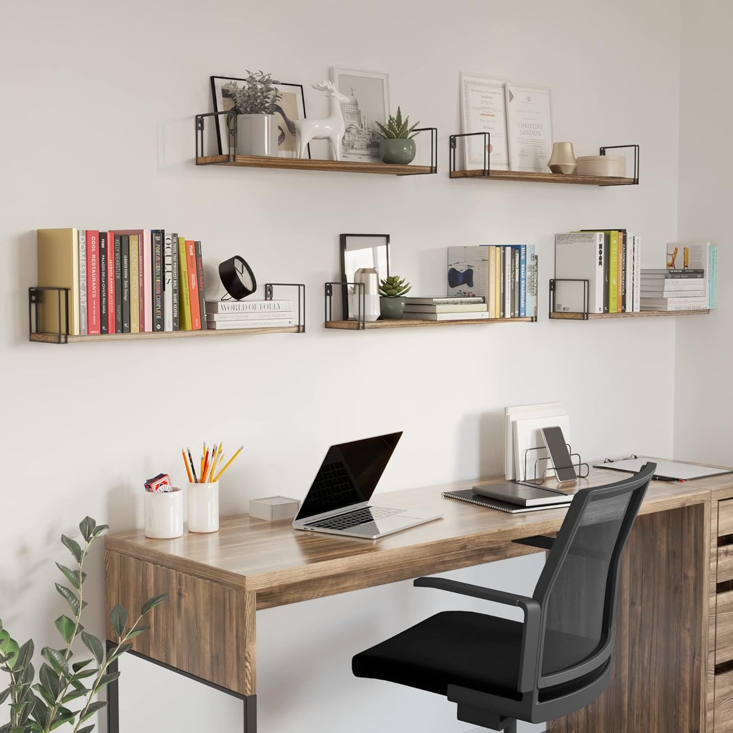 Wallniture Avila 24" Floating Shelves for Wall, Kitchen Organization & Office Shelves, Bookshelf for Living Room Decor, Laundry Room Shelf, Set of 5, Burnt Finish