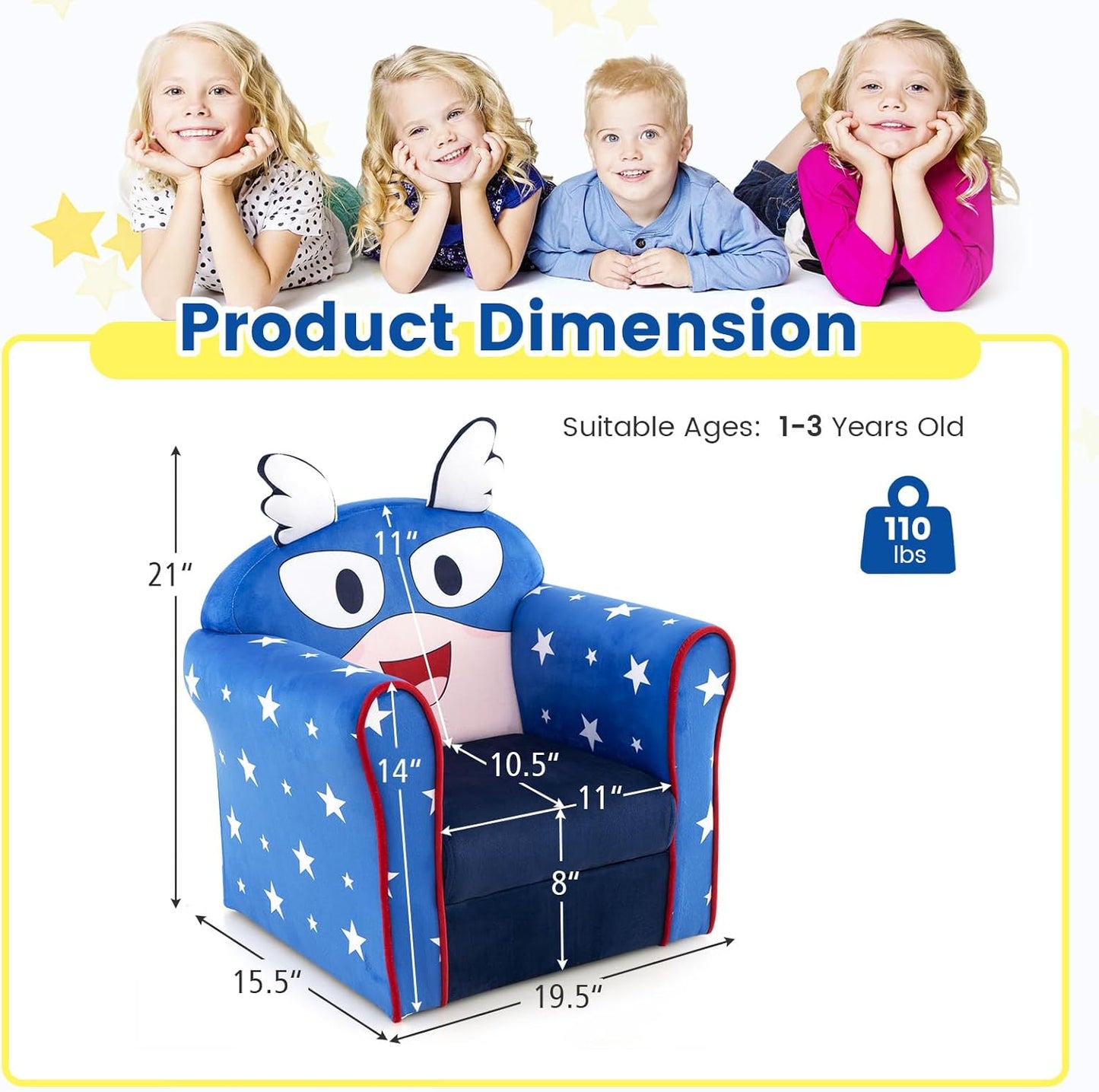 Costzon Kids Couch, Children's Sofa Armrest Chair with Pattern, Toddler Furniture w/Sturdy Wood Construction, Preschool, Lightweight Kids Couch Sofa Chair for Aged 1-5 Boys & Girls Gifts, Flyman