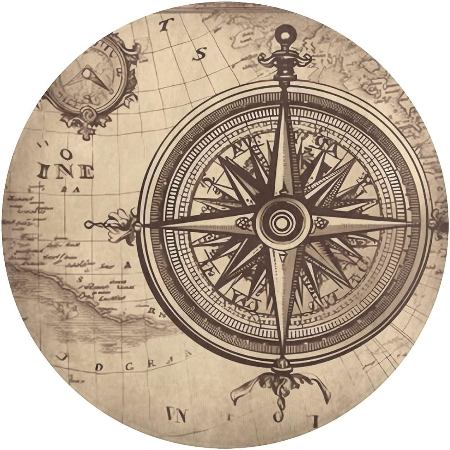 Law of The Compass Navigation Circle Rug Retro Luxury Coral Velvet Floor Mat Non Slip Soft Indoor Floor Carpet Comfy Thickened Area Rugs Modern Aesthetic Minimalist Carpets for Home Decor