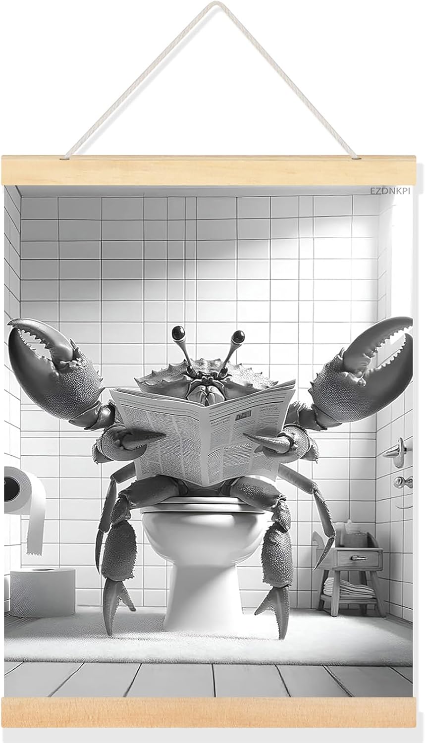 Funny Crab Art Mural Crab Reading Newspaper in the Toilet Black-and-White Bathroom Wall Decor Framed 24x36 Inch