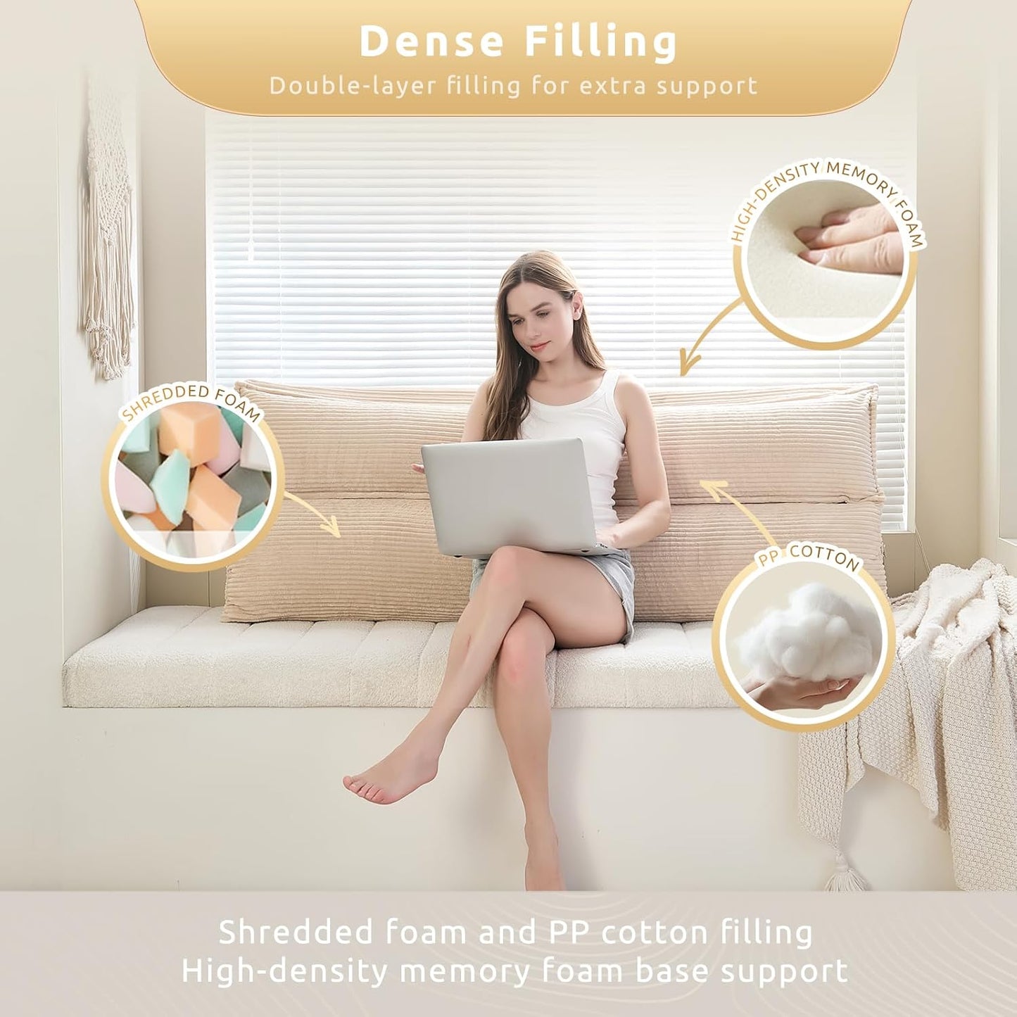 Wedge Pillow Headboard, Headboard Pillow Queen for Reading or Sitting, Bolster Pillow with Large Memory Foam, Removable Cover, Camel