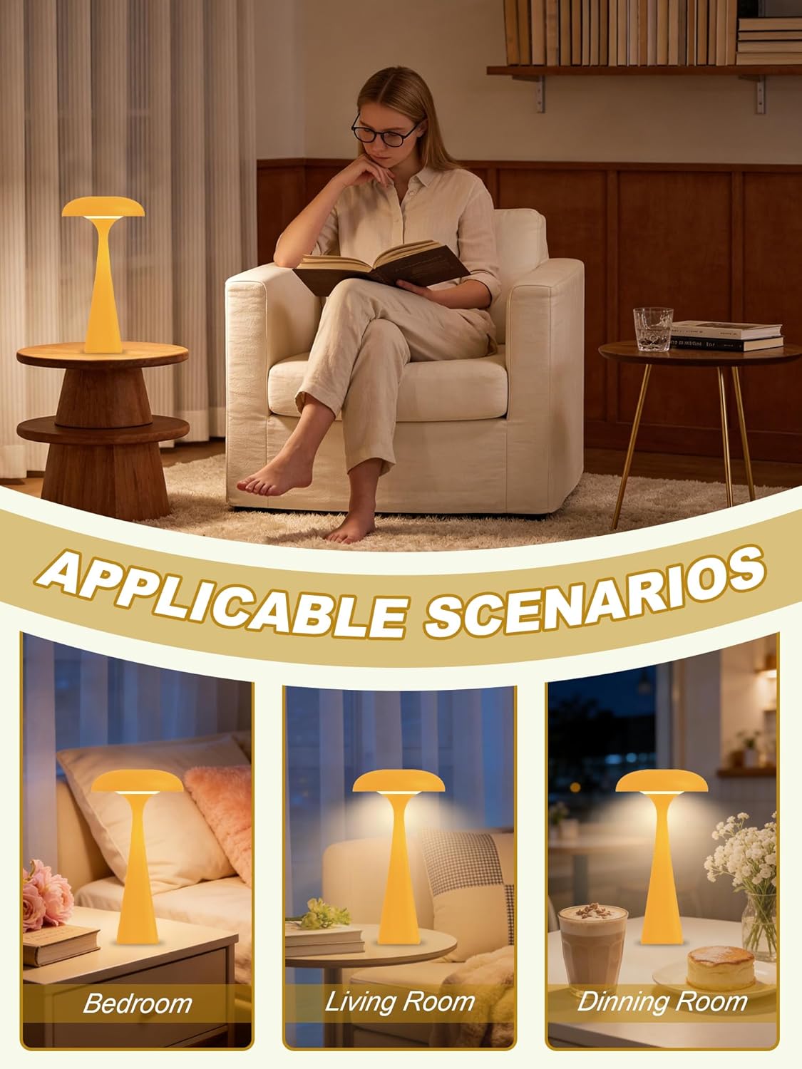 Cordless Table Lamp,Touch LED Reading Light,Cute Desk Lamp with 3 Colors Dimmable,Rechargeable Small Mushroom Lamp,Vintage Aesthetic Lamp for Bedroom Living Room Dorm Decor(Yellow)