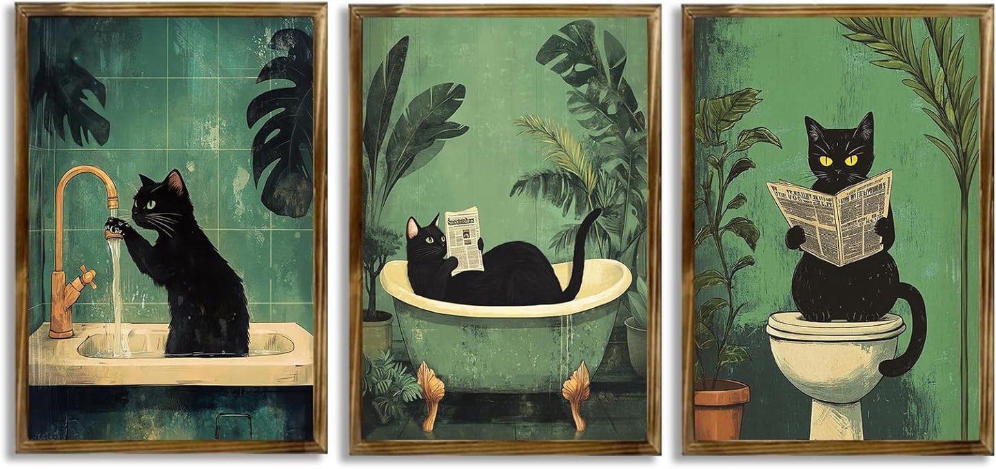 3pcs Funny Black Cat Bathroom Canvas Wall Art Cute Cat Wash Its Paws Reading Newspaper Poster Modern Abstract Green Aesthetic Animal Prints Painting For Bathroom Toilet Wall Decor 8x10in Unframed