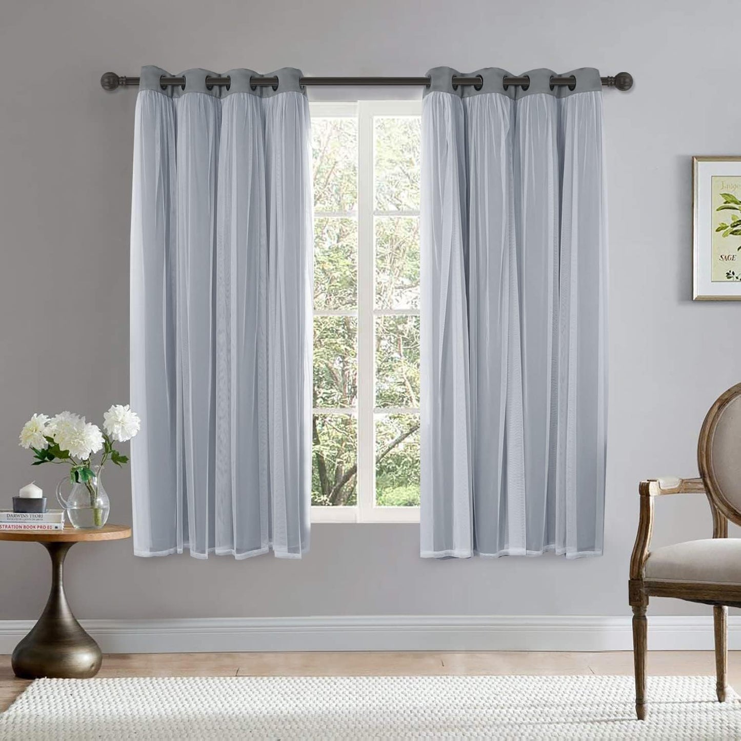 BONZER White Sheer Tulle Overlay Blackout Curtains Grommet Top Mix and Match Curtains for Bedroom, Cloud Grey, 52x63 Inch, Set of 2 Panels