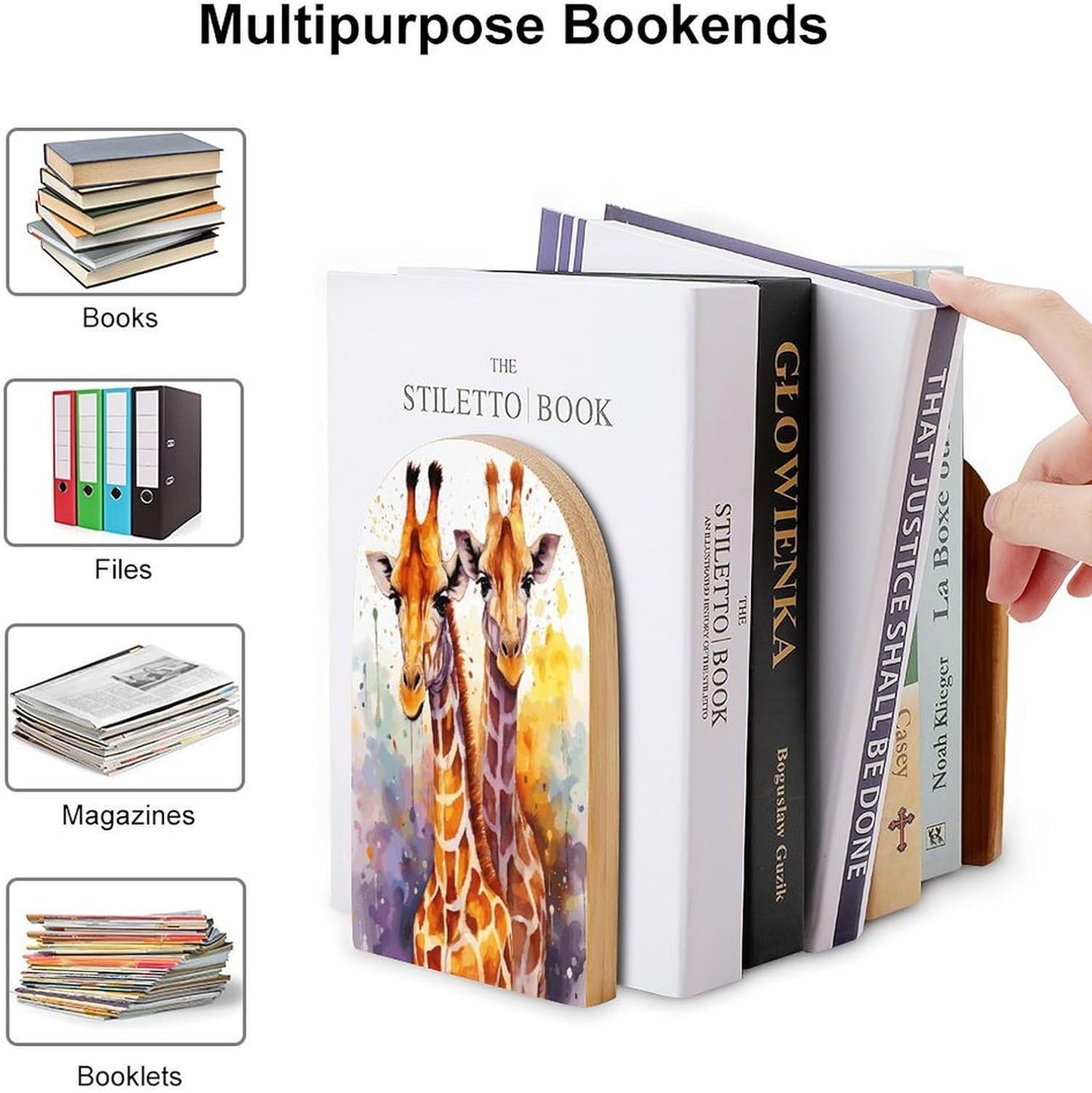 Watercolor Giraffes Bookend for Shelves Wooden Book End Large Size Sturdy Book Holders Stoppers with Metal Base for Bookshelves Slick Decorative Bookends Stands